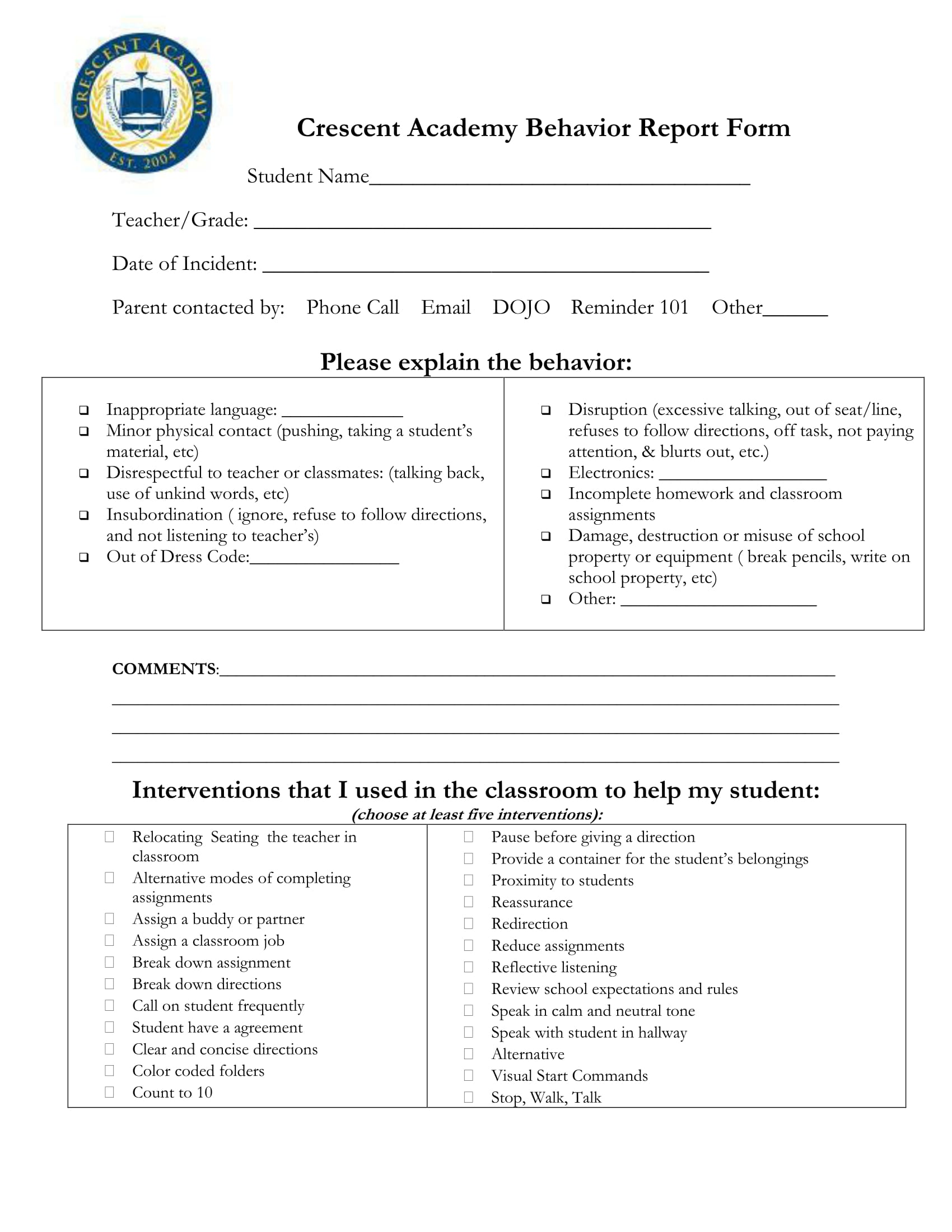 Behavior Incident Report Template