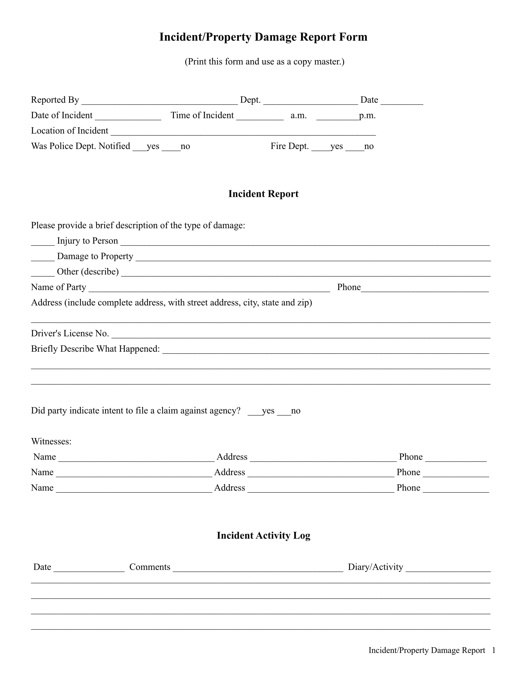 Incident Report Forms Printable 5057