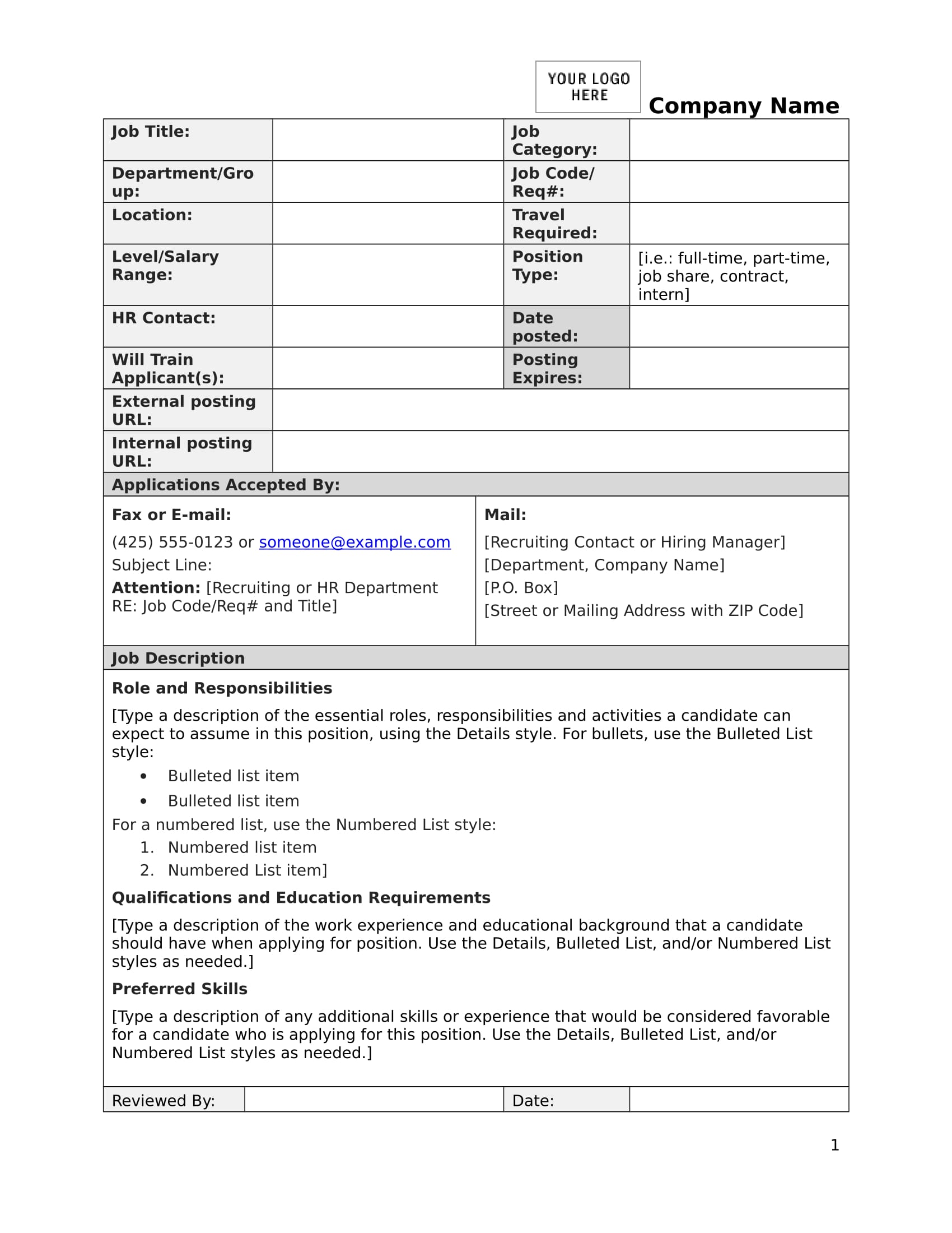 Job Description Form Sample 1 