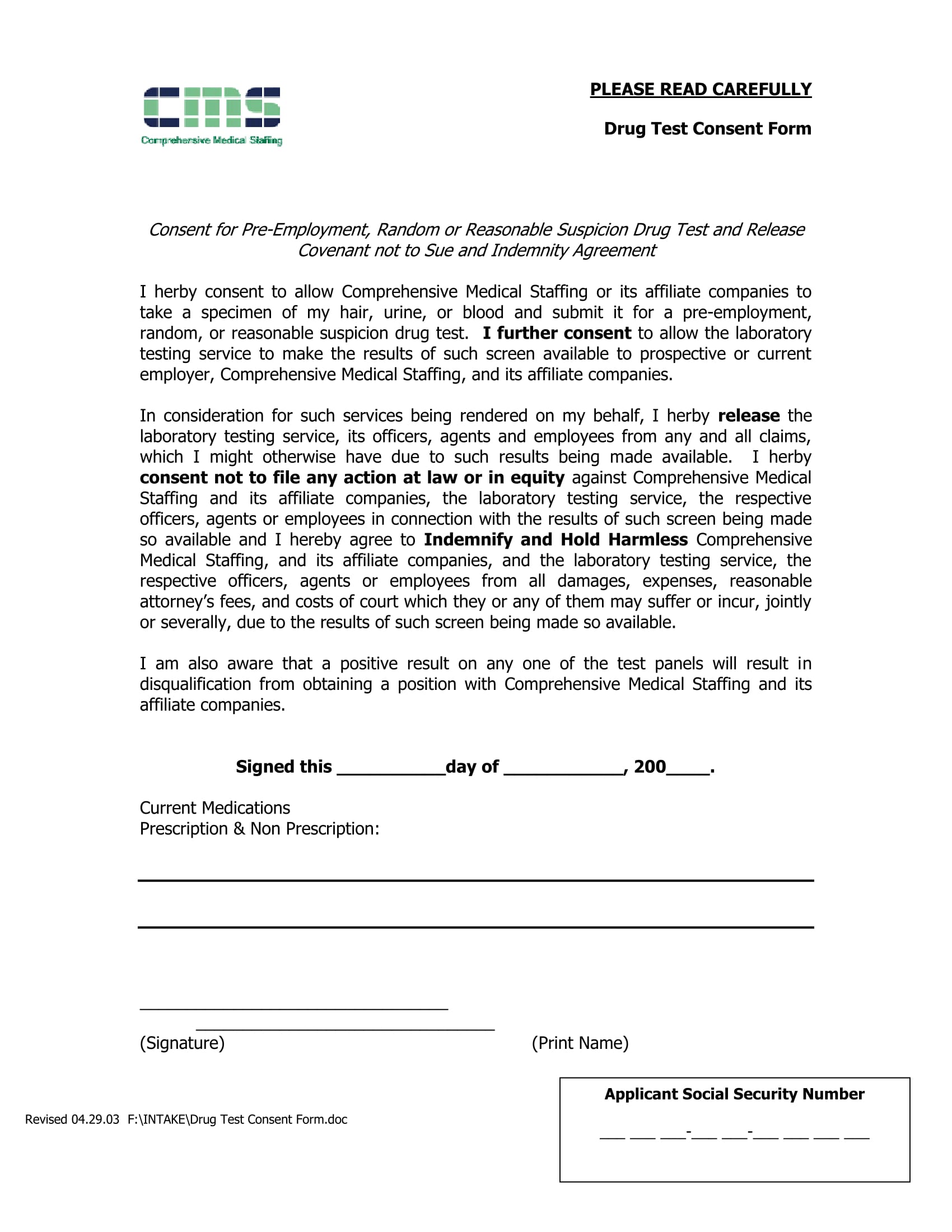 medical staff drug test consent form 1