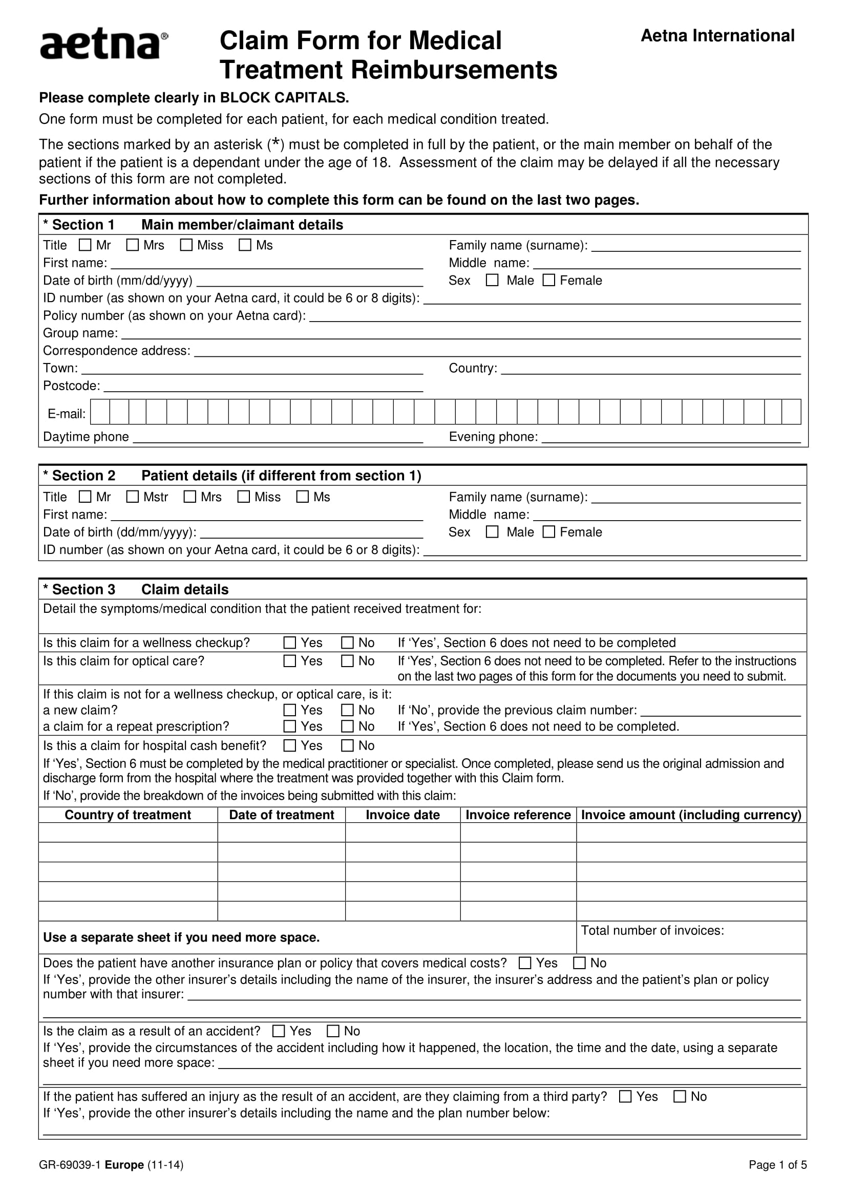 medical treatment reimbursement claim form 1