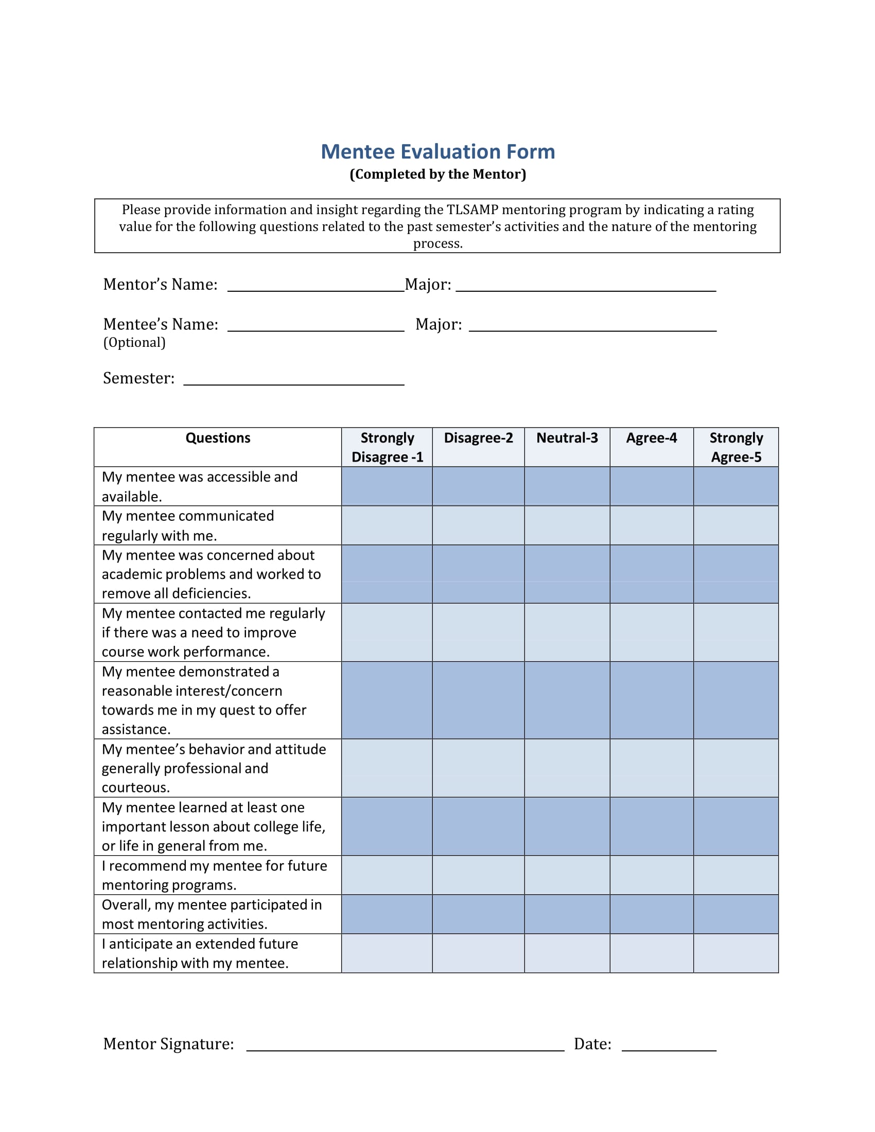 mentee evaluation form sample 1