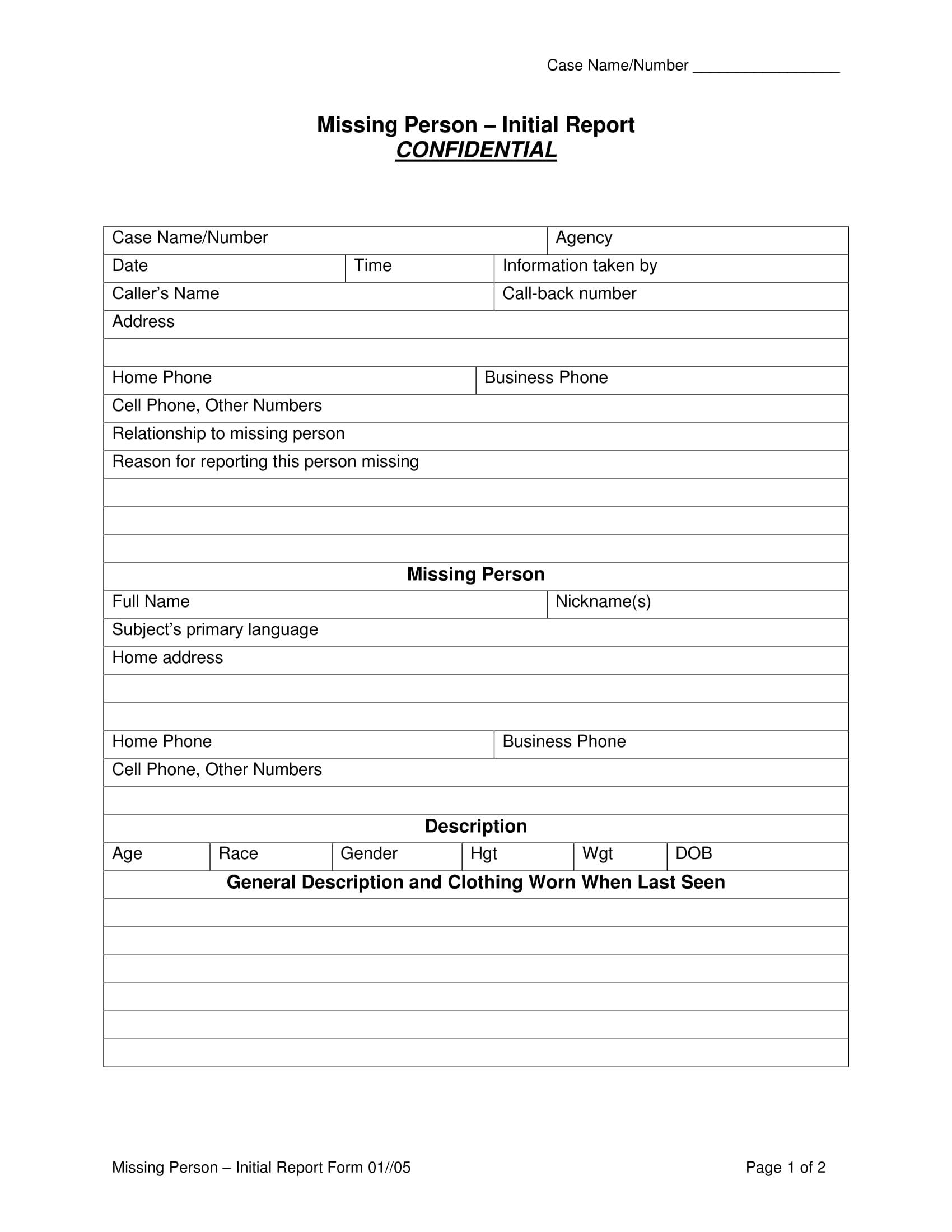 missing person report form 1