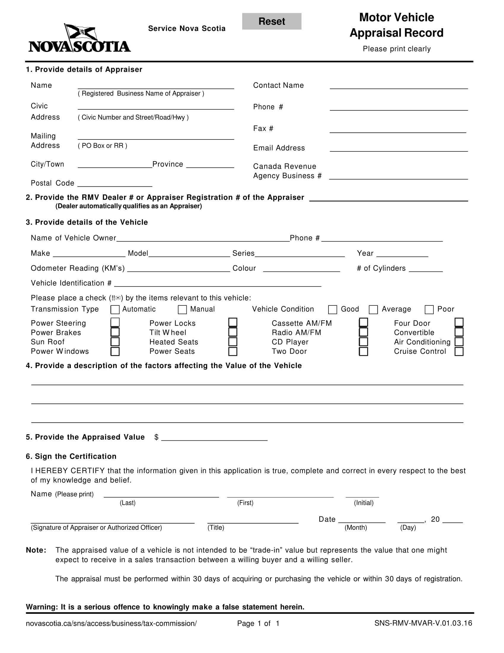 motor vehicle appraisal evaluation form 1