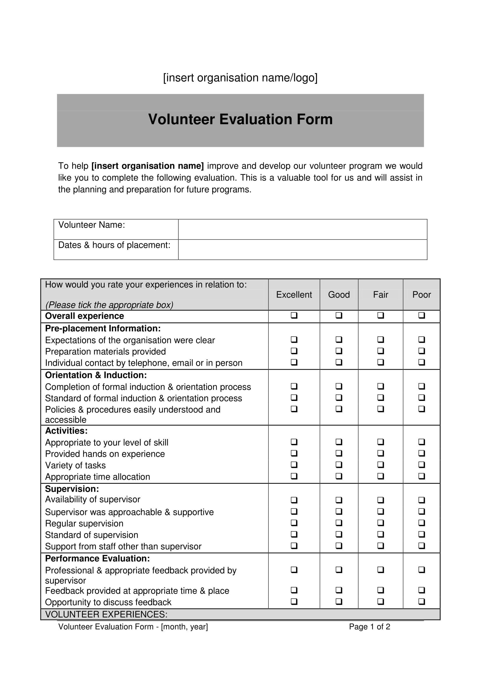 organization volunteer evaluation form 1