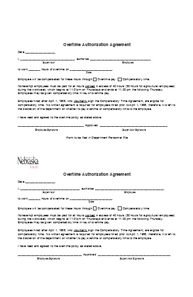 overtime authorization agreement form