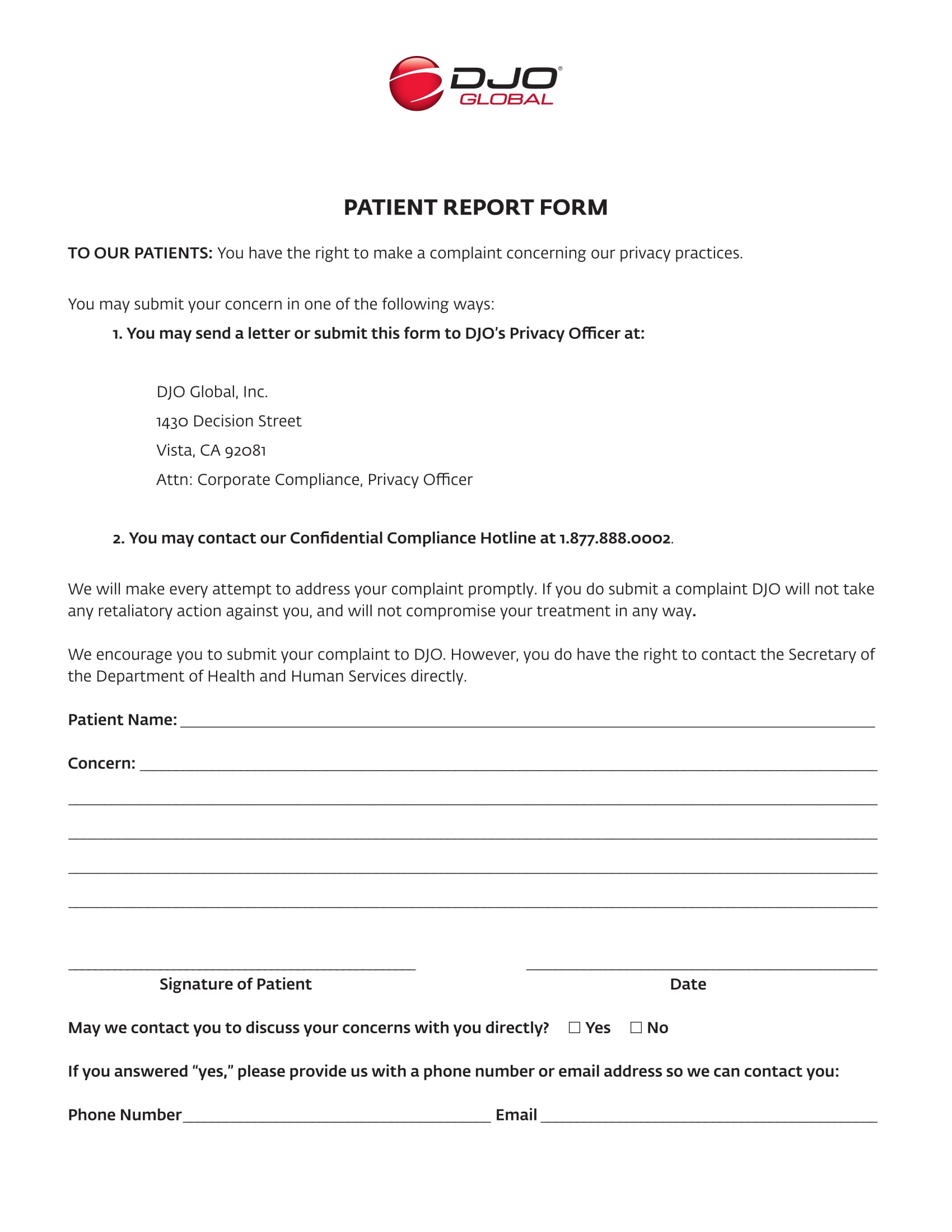 patient’s concern report form 1