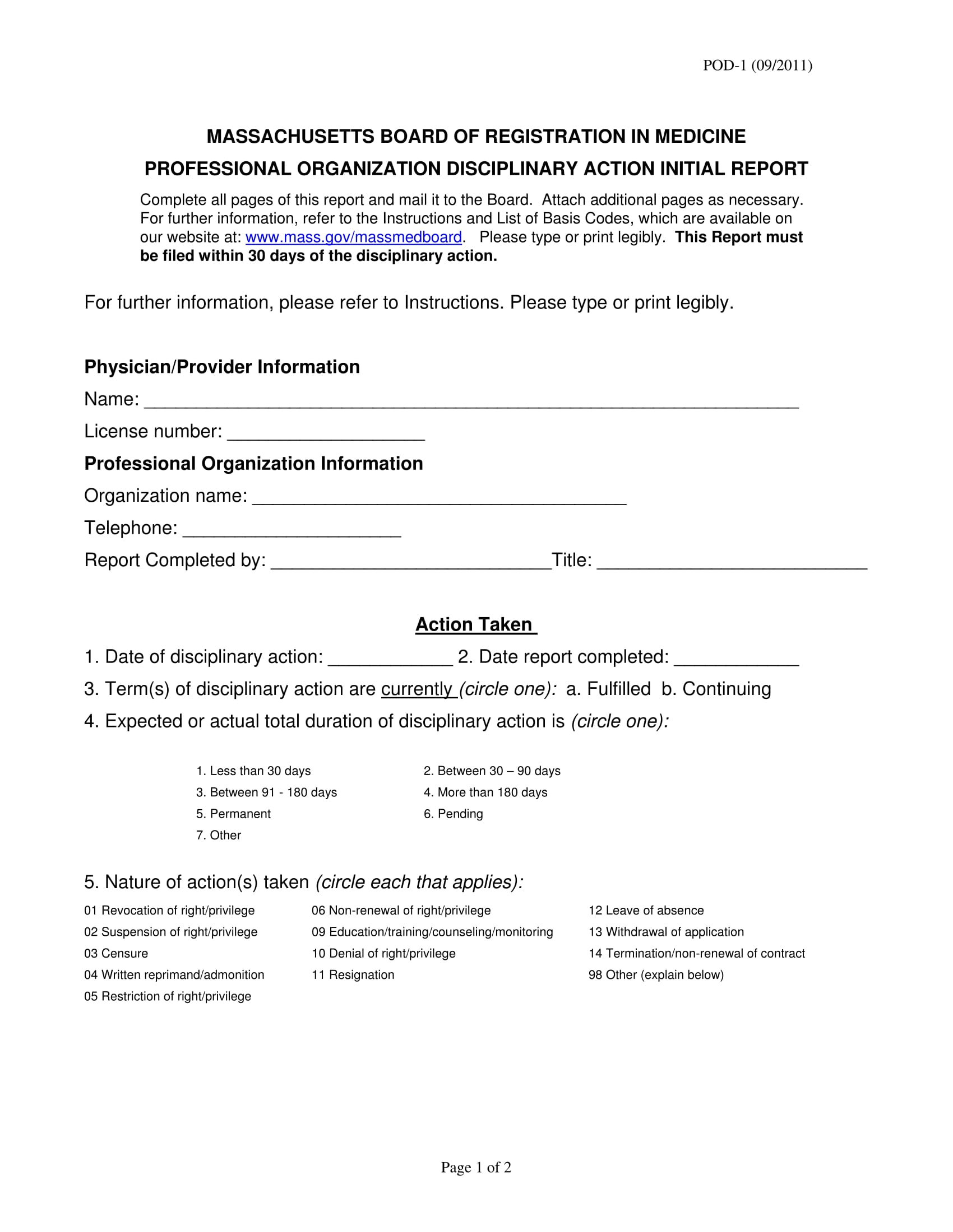 professional disciplinary action report form 1