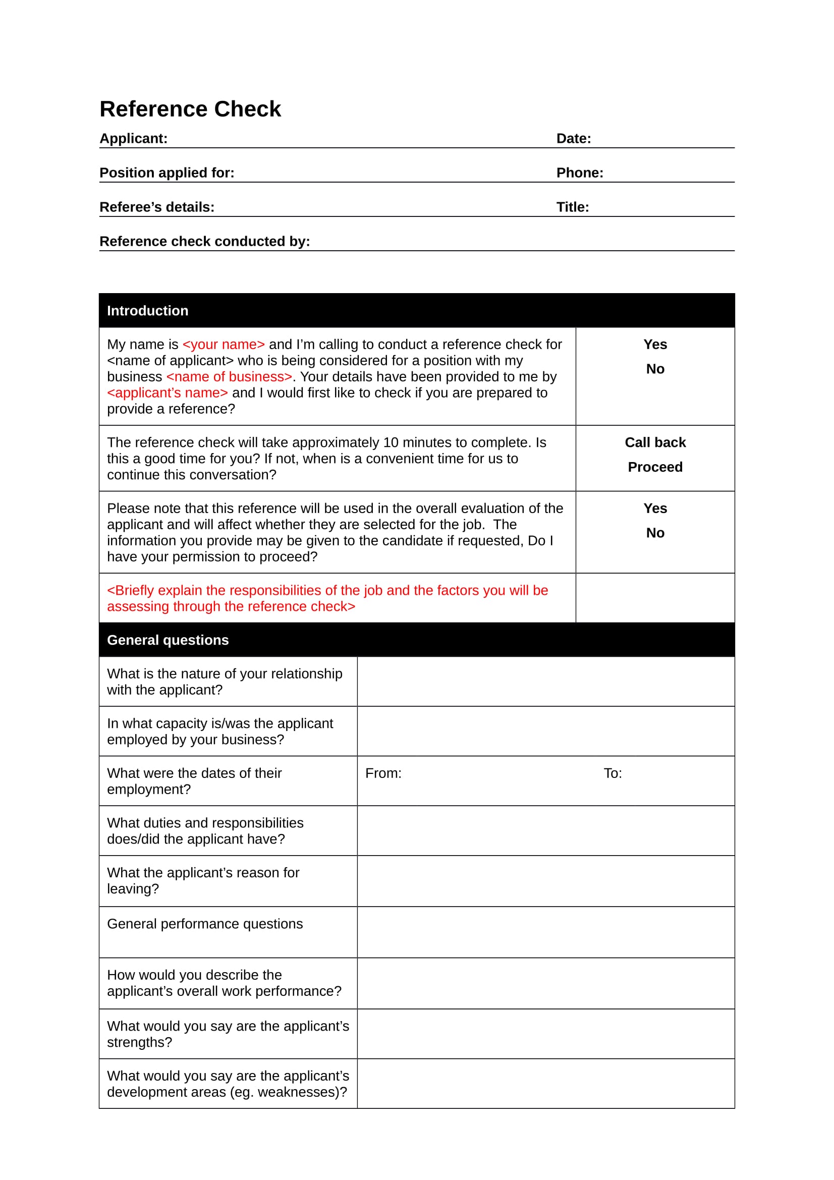 Reference Questionnaire Template