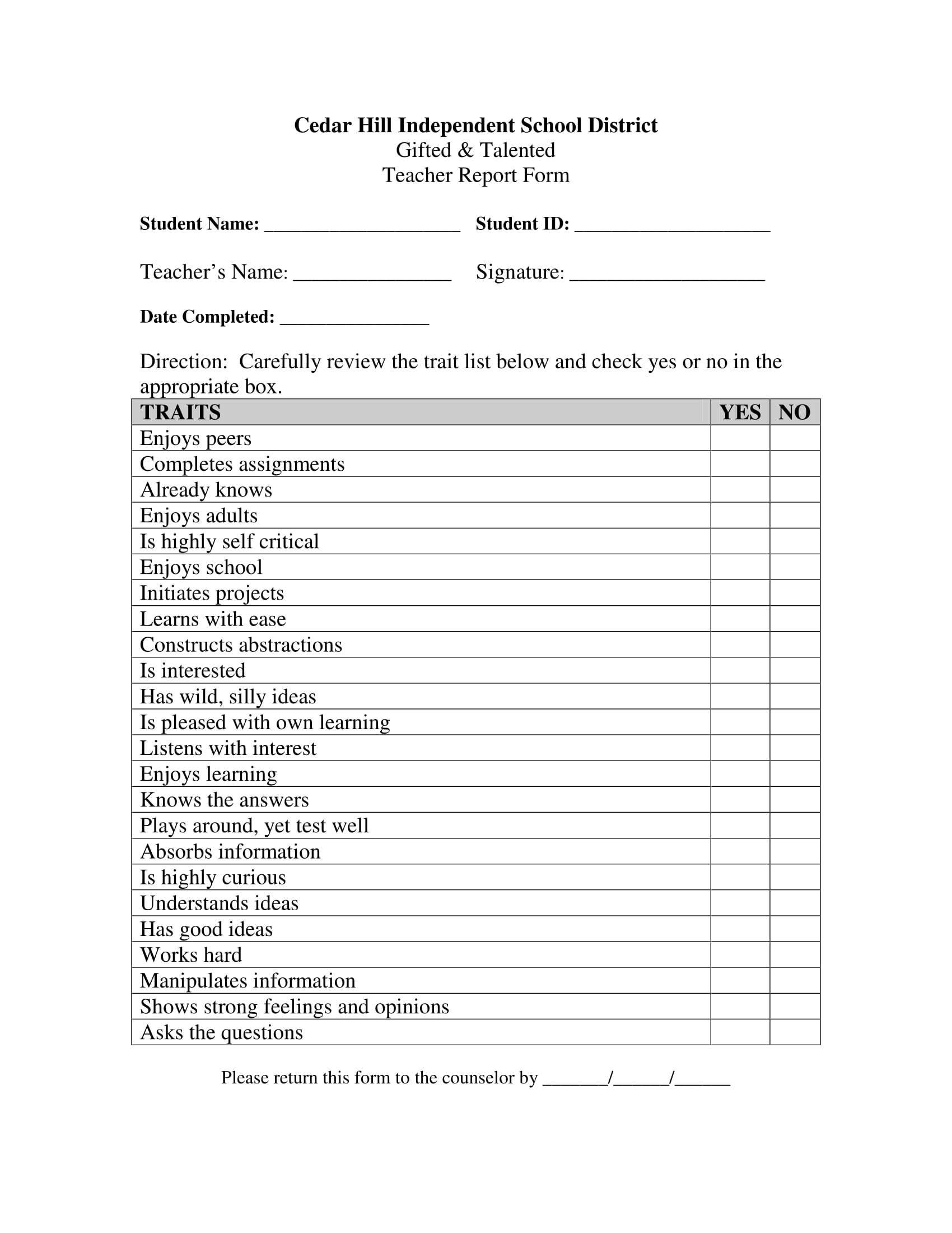 sample for teacher report form 1