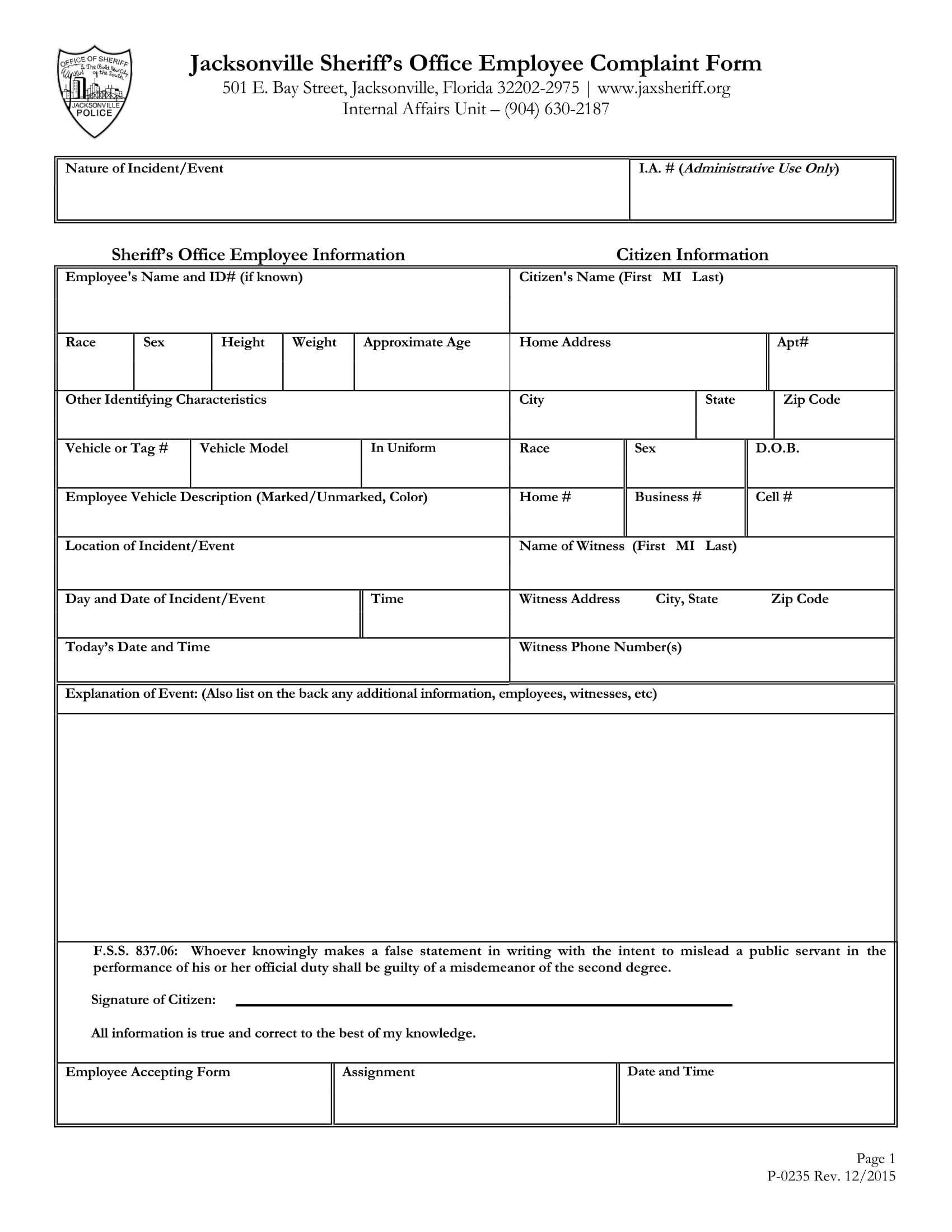 sheriffs office employee complaint form 1