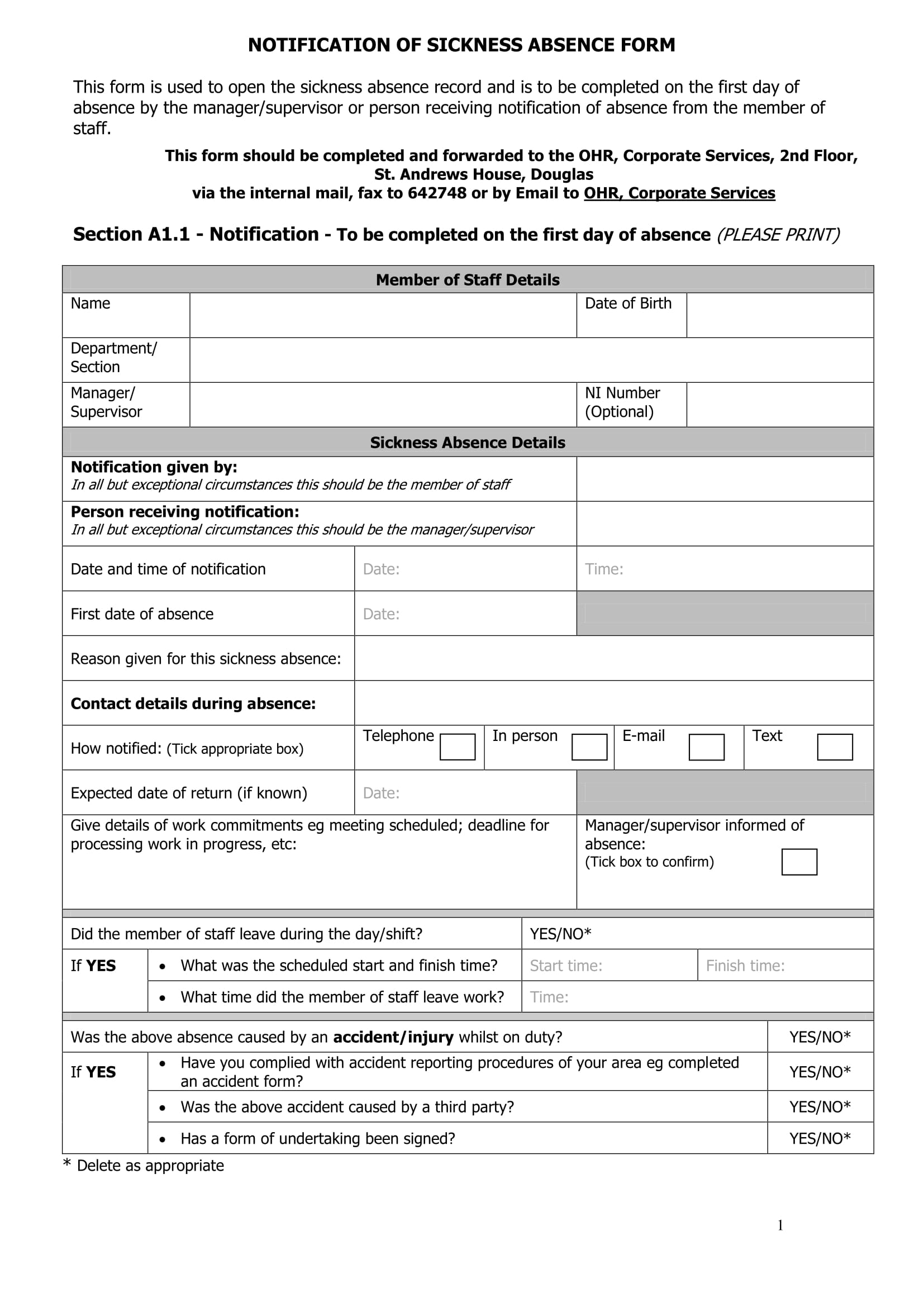 staff sickness absence notification form 1