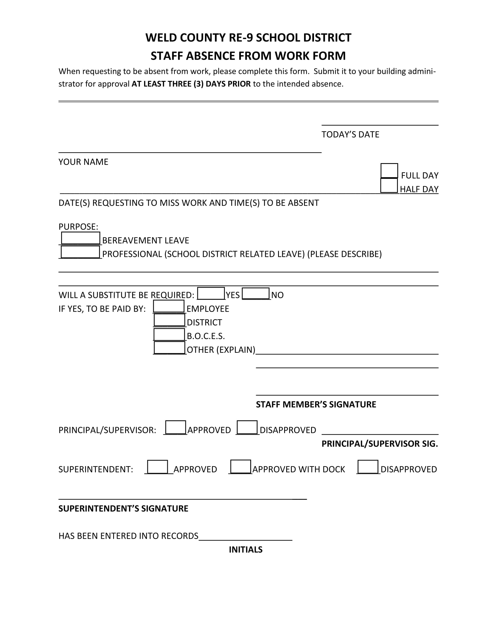 Absence Form For Work