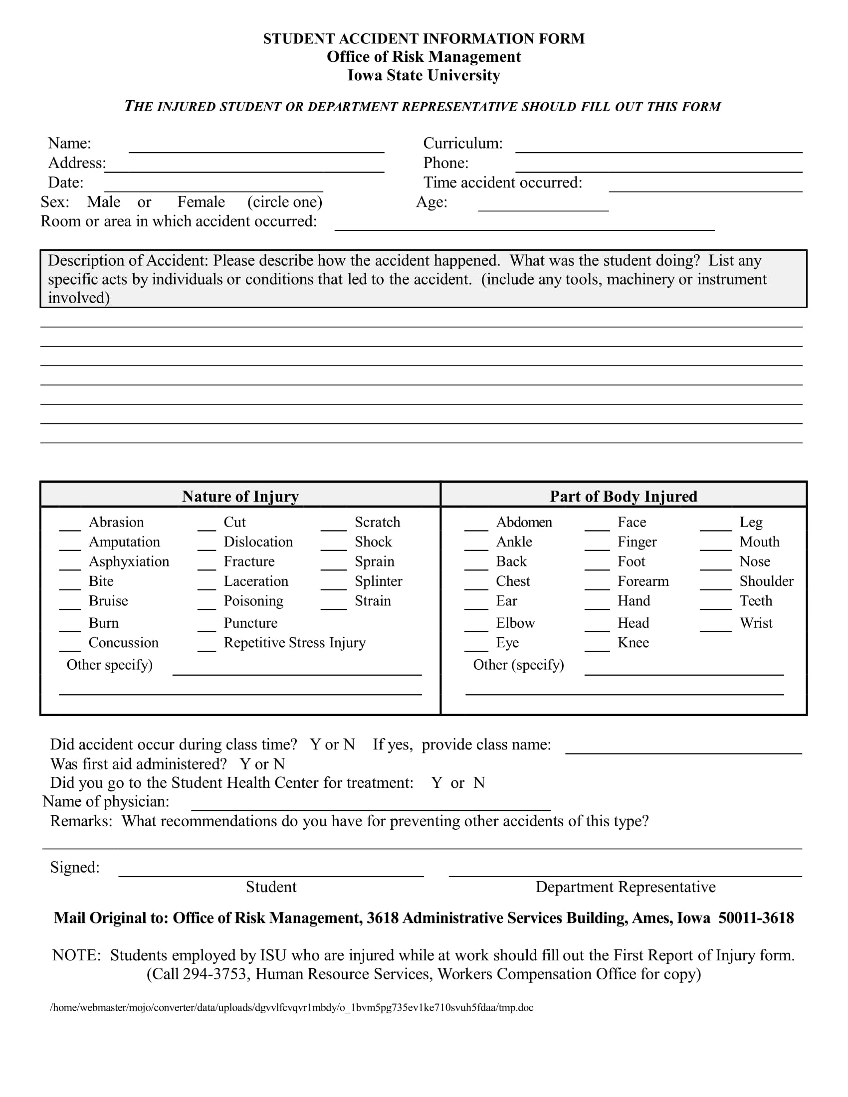 student accident information form sample 12
