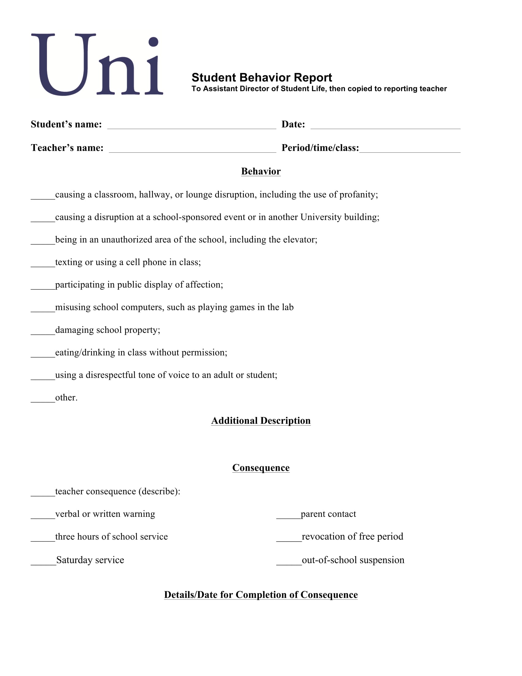 student behavior report form 1