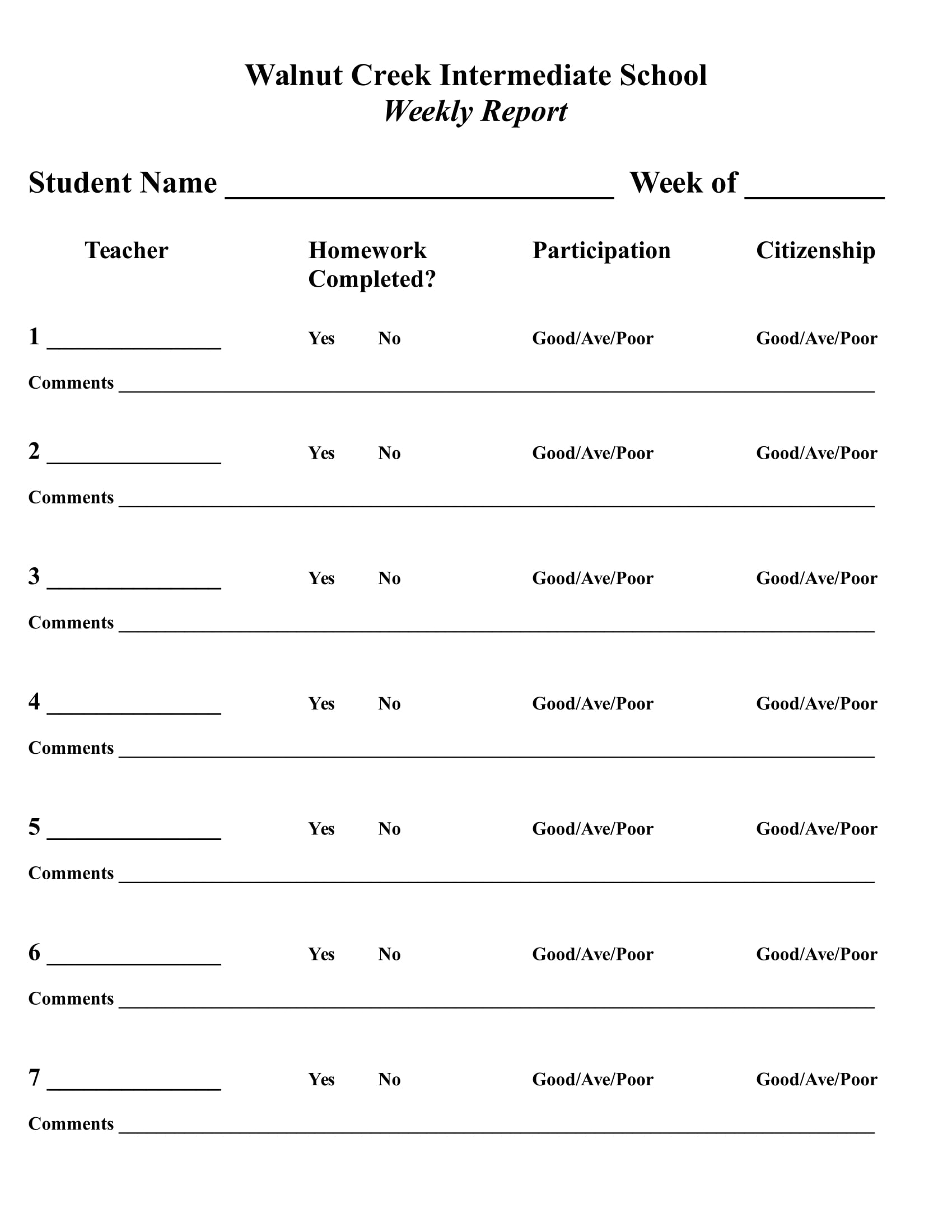 students participation weekly report form 1