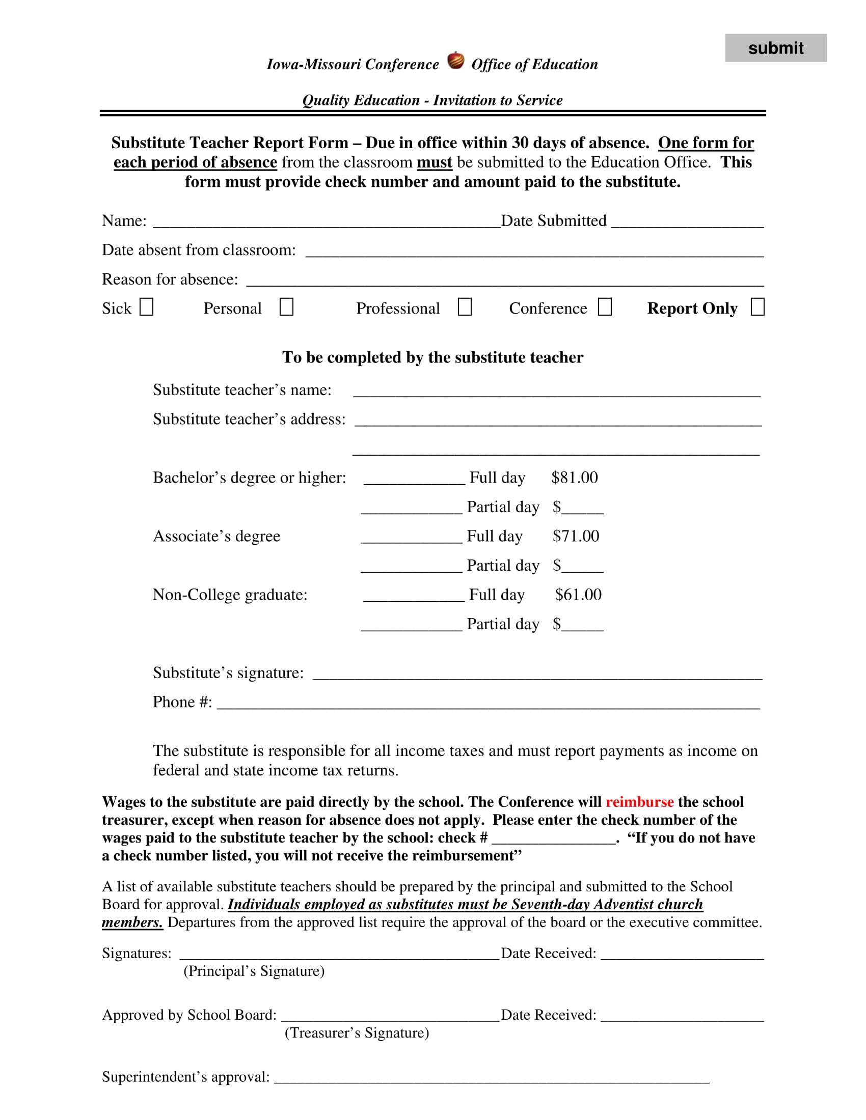  Free Printable Substitute Teacher Report Form Printable Templates