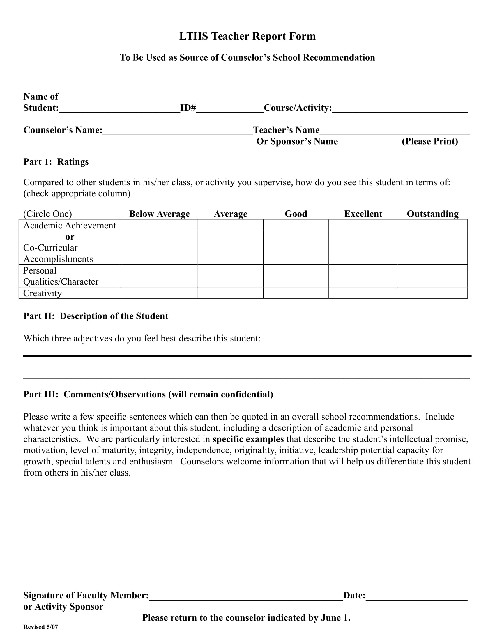 teacher report form for recommendation 1