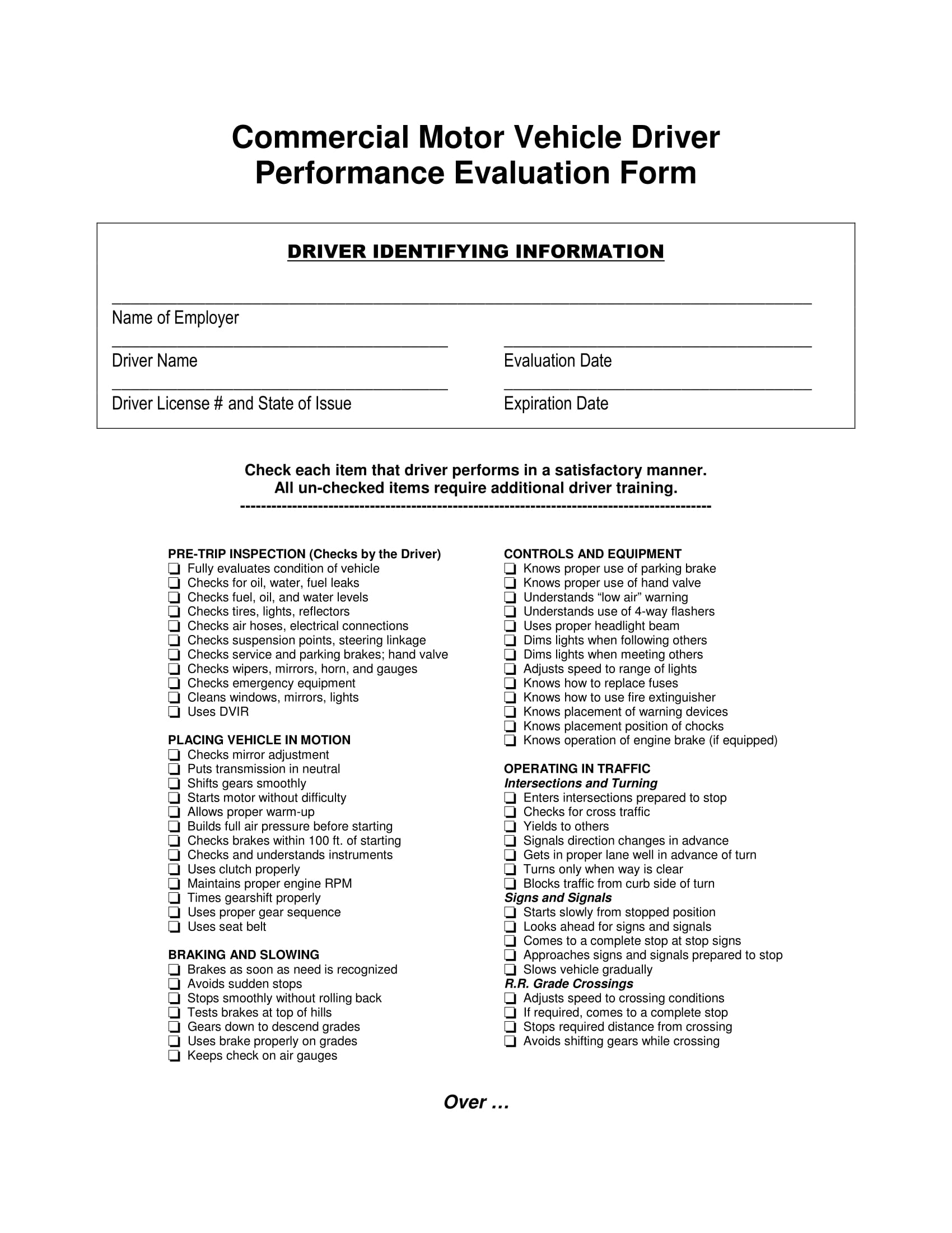vehicle driver performance evaluation form 1