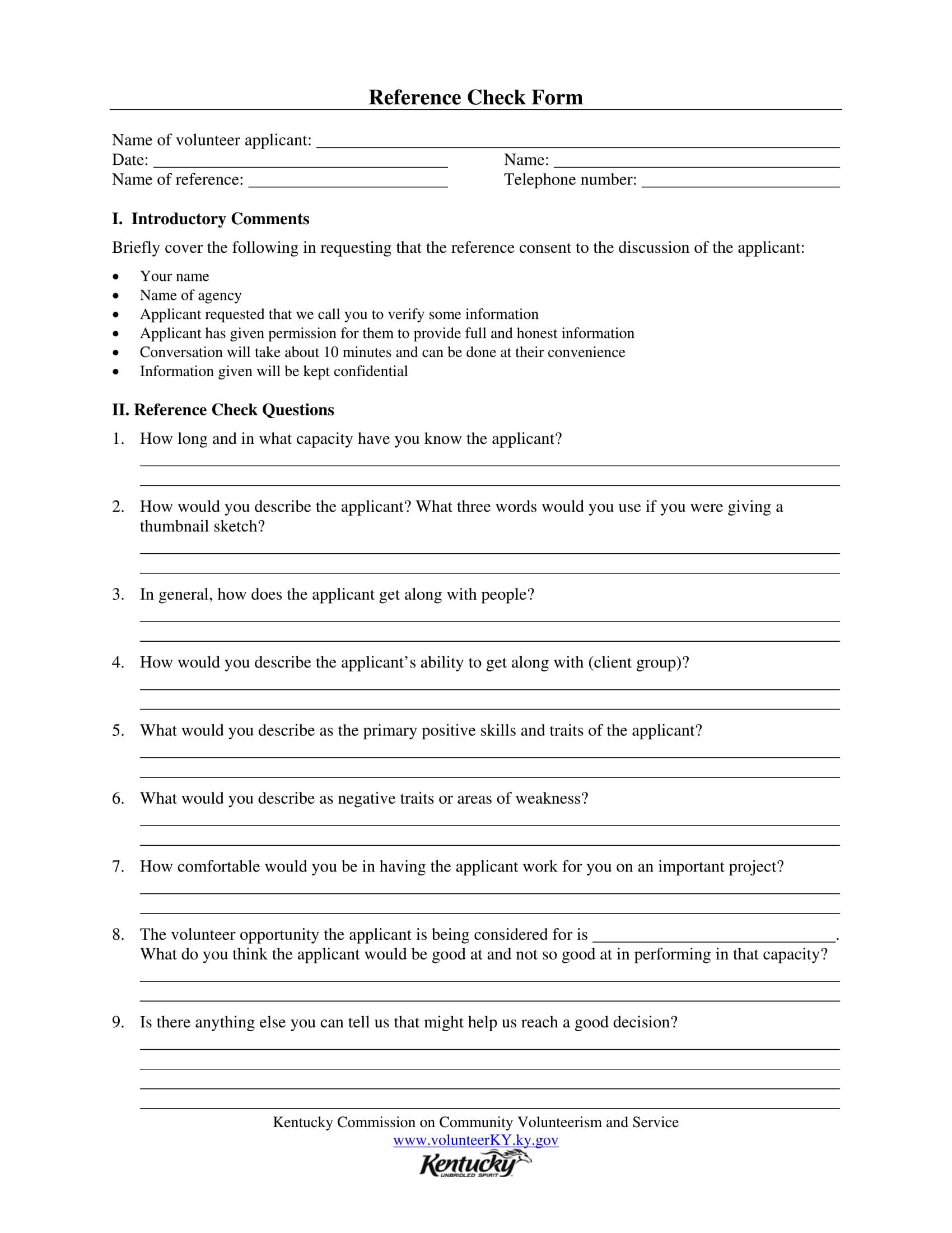 volunteer applicant reference check form 1