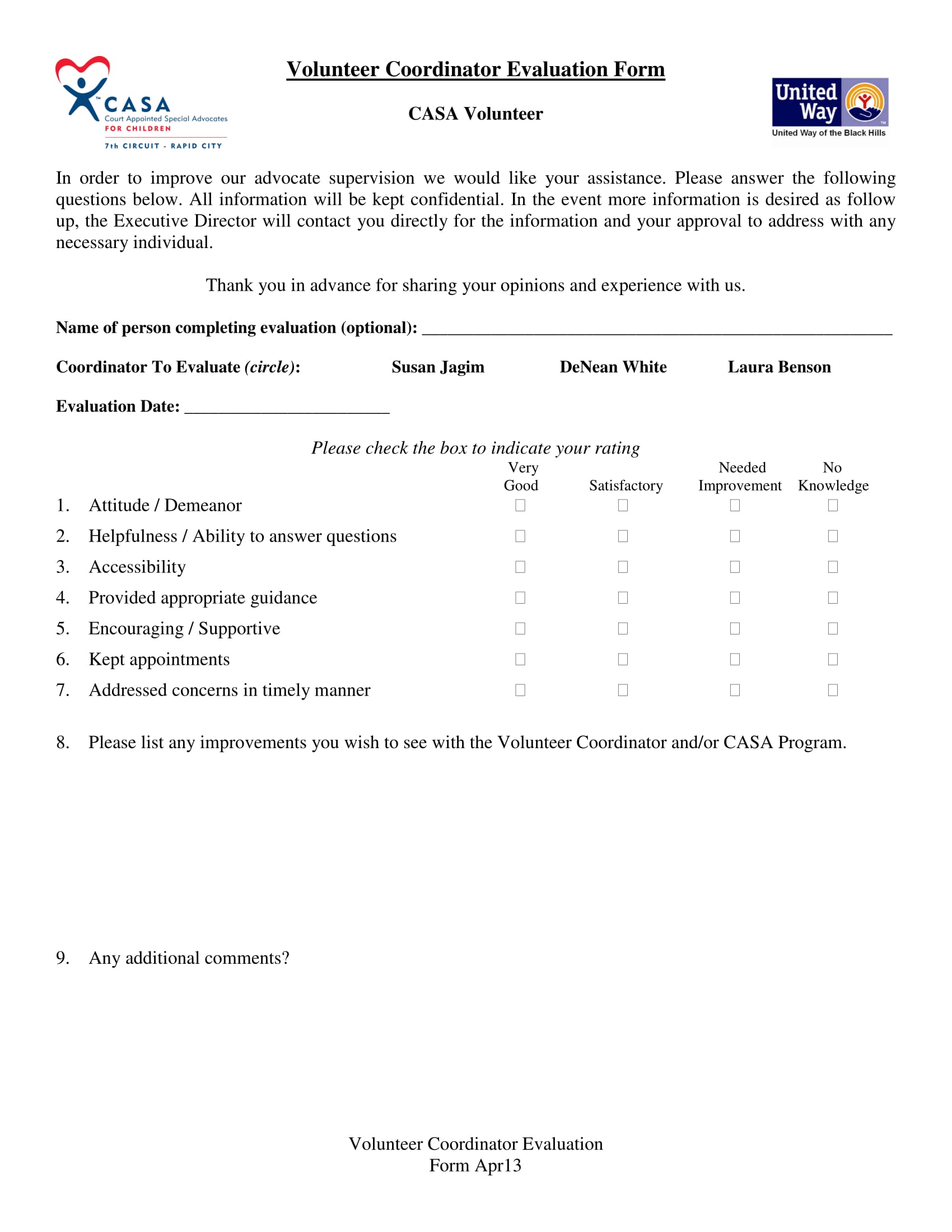 volunteer coordinator evaluation form 1