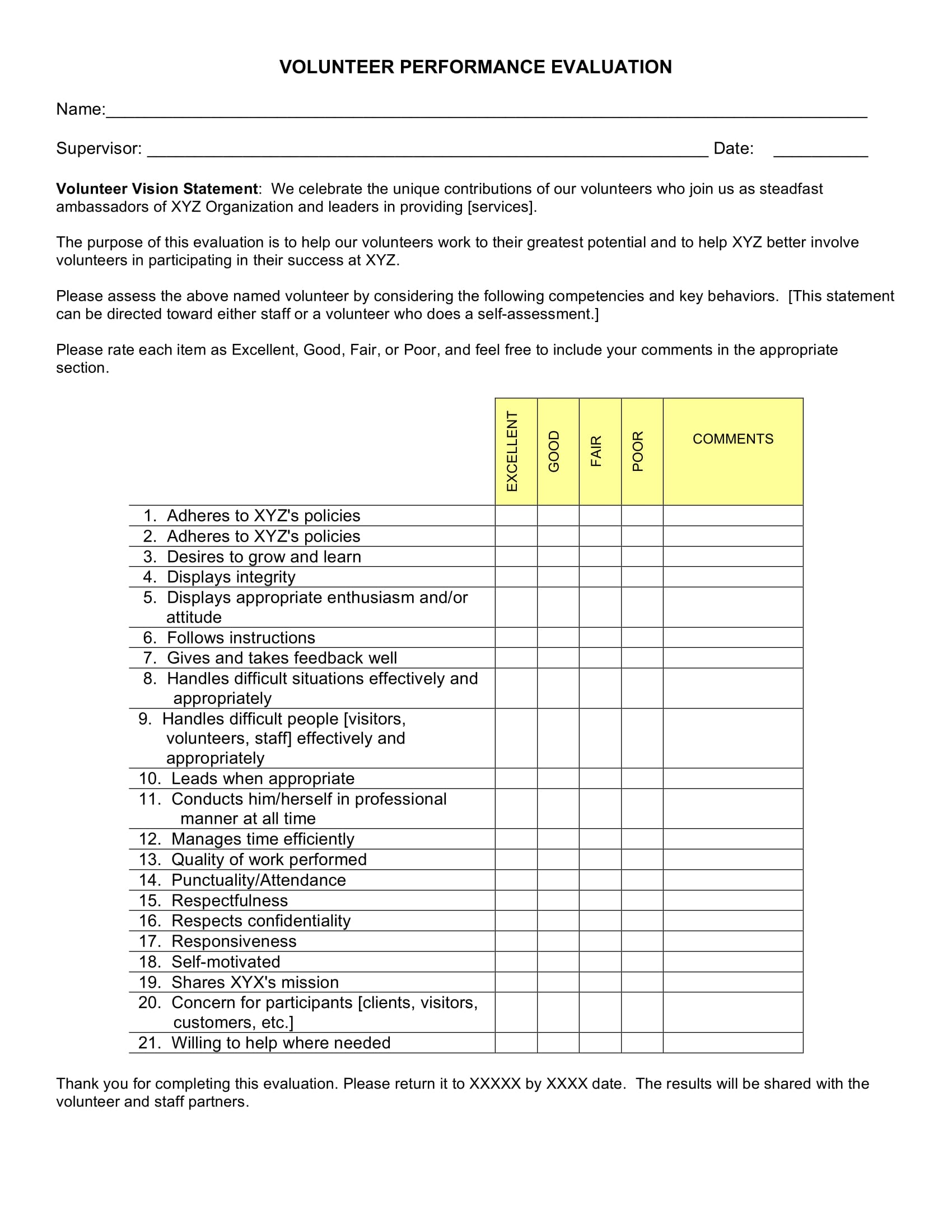 volunteer performance evaluation form 1