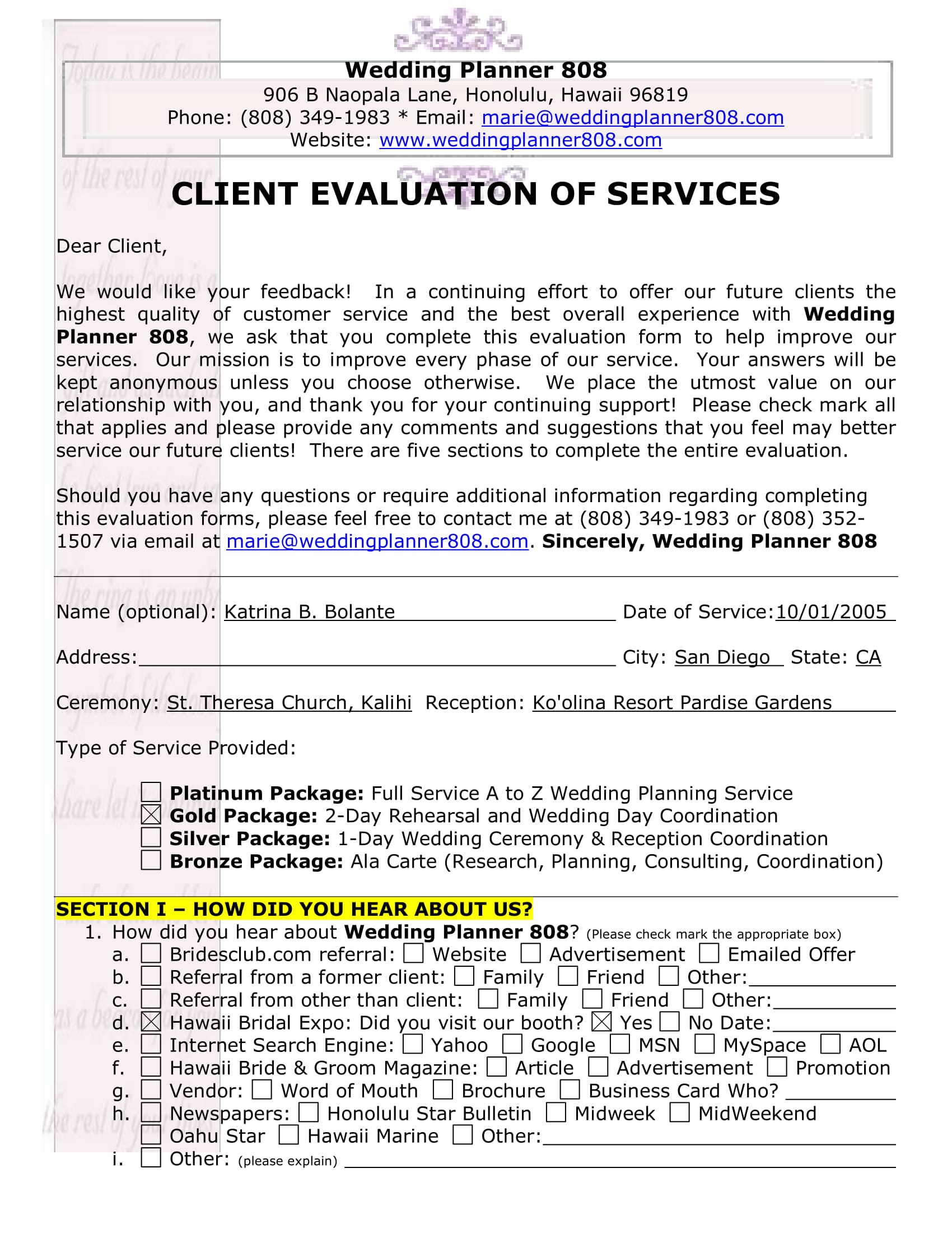 wedding customer service evaluation form 1