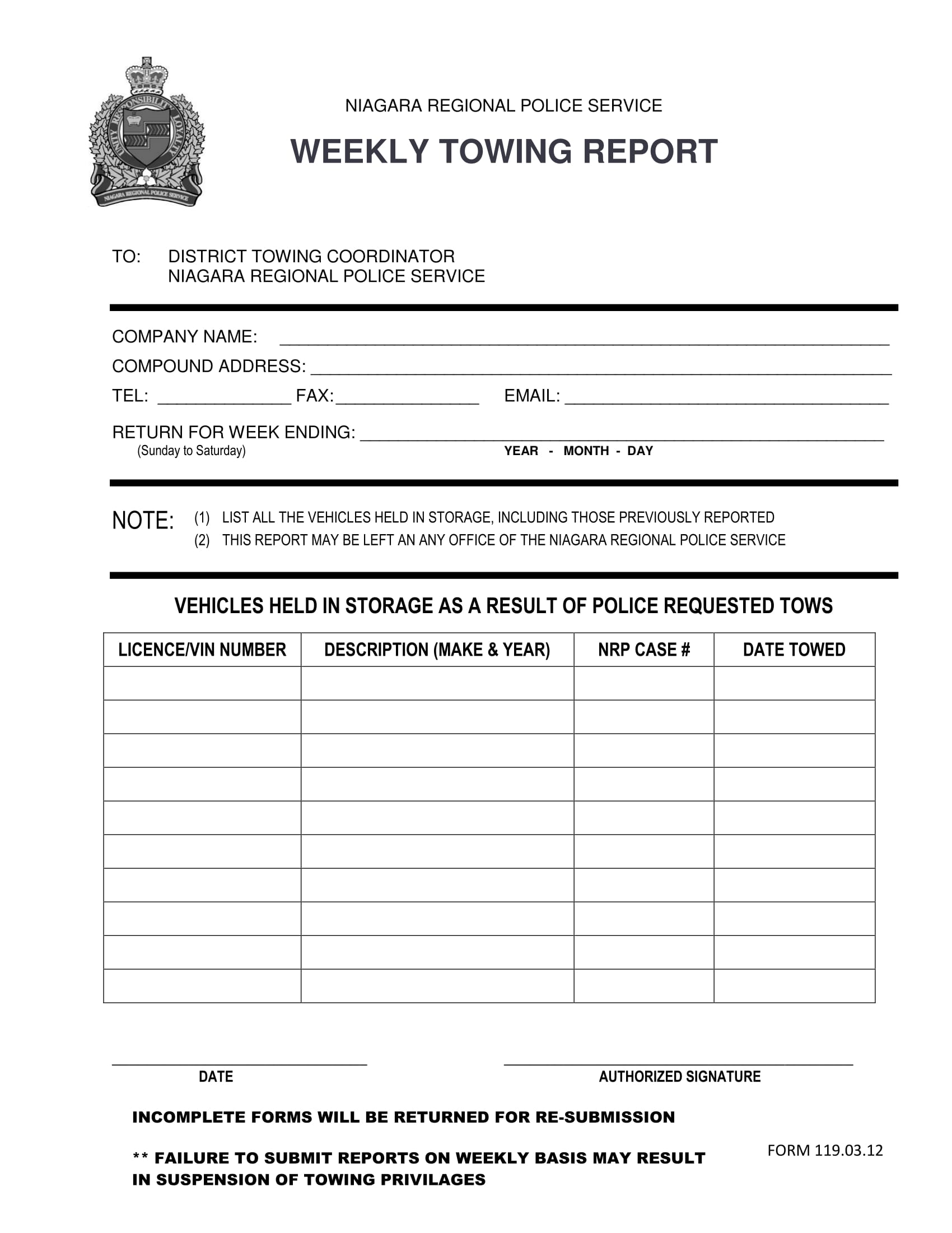 weekly towing report form 1