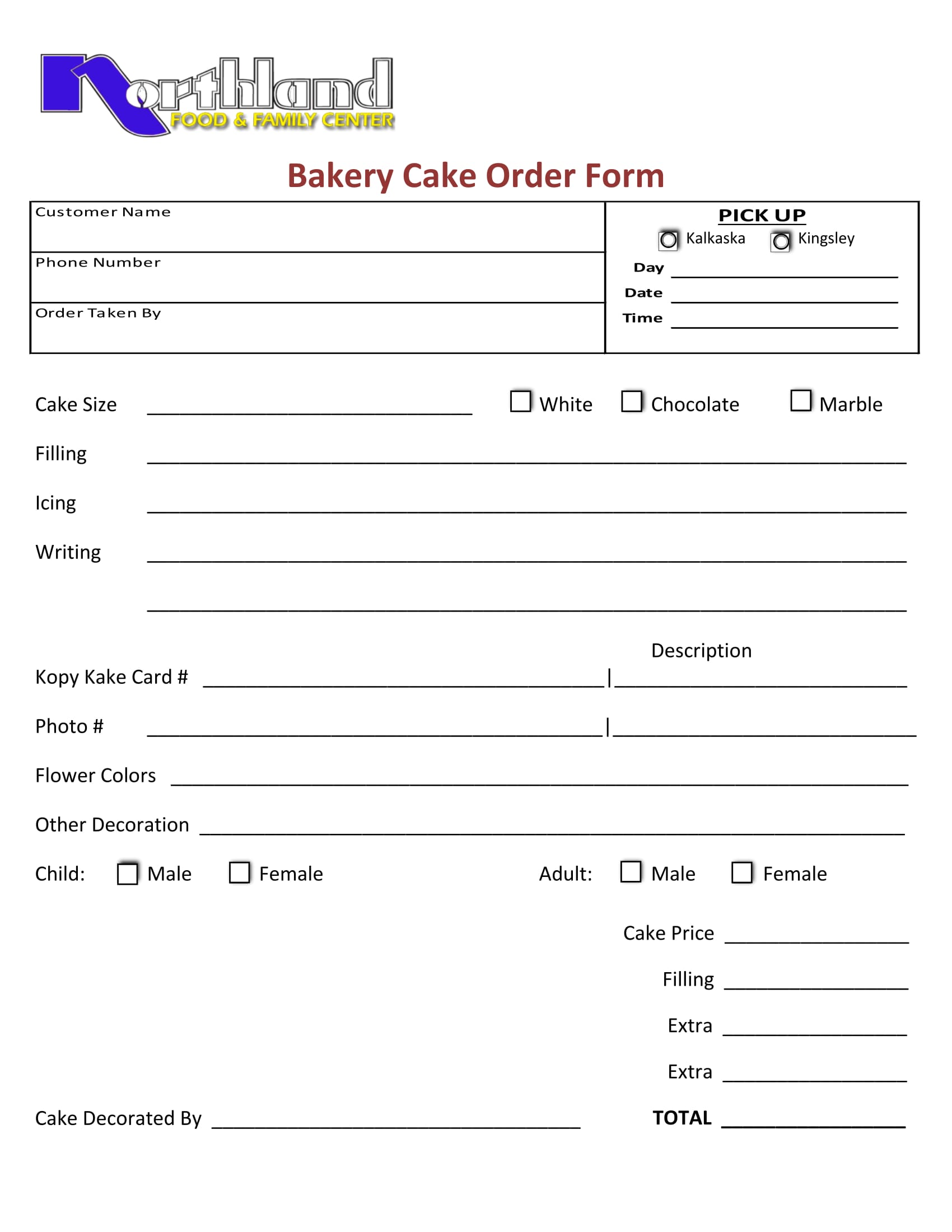 Printable Cake Order Form Template