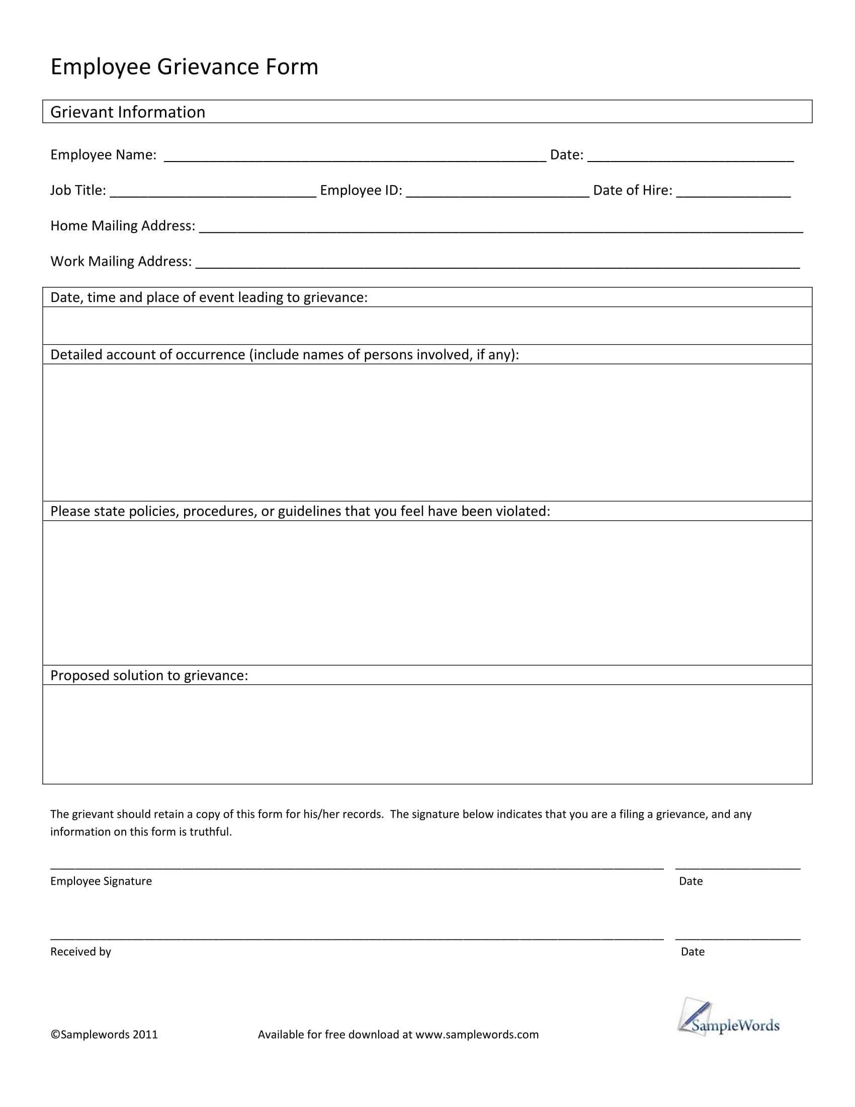 FREE 4+ Employee Grievance Forms in PDF MS Word
