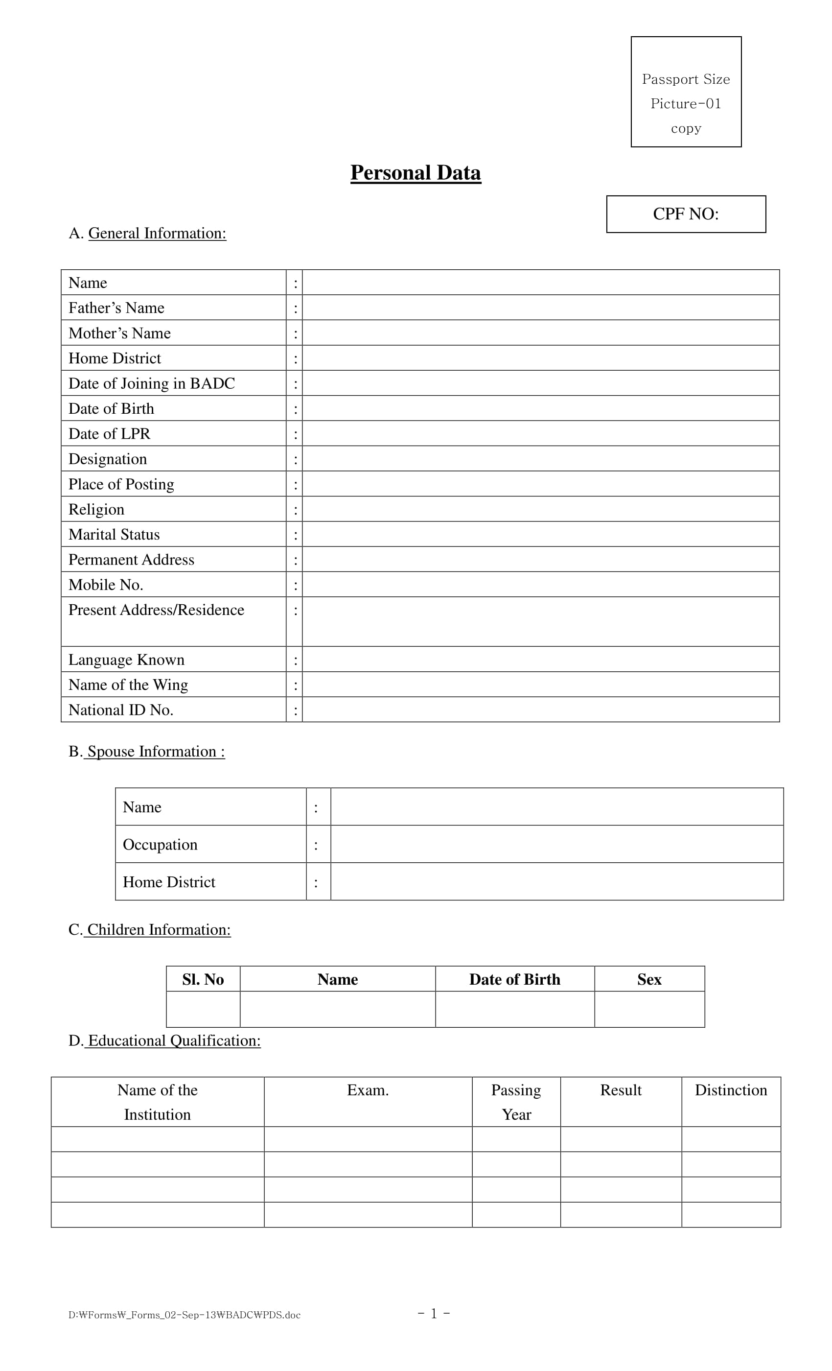 basic personal data information form 1