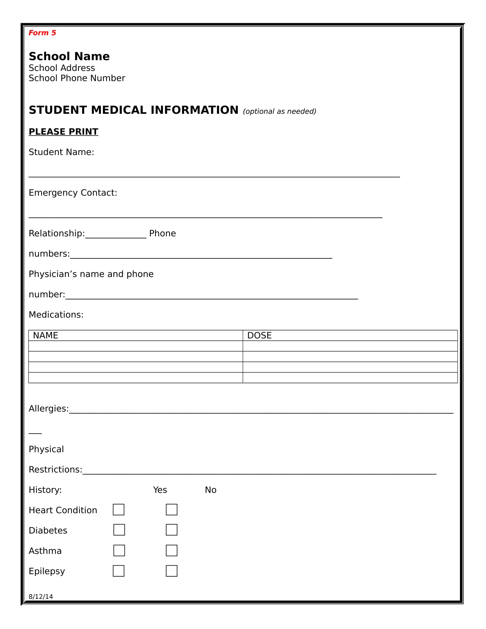 basic student medical information form 1