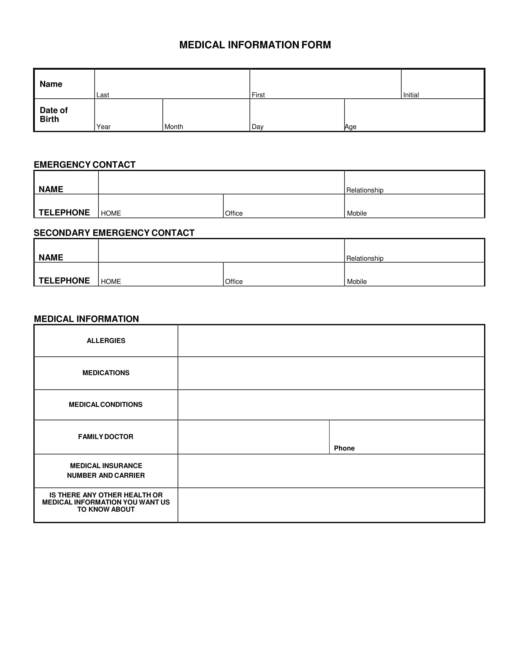 blank medical information form 1