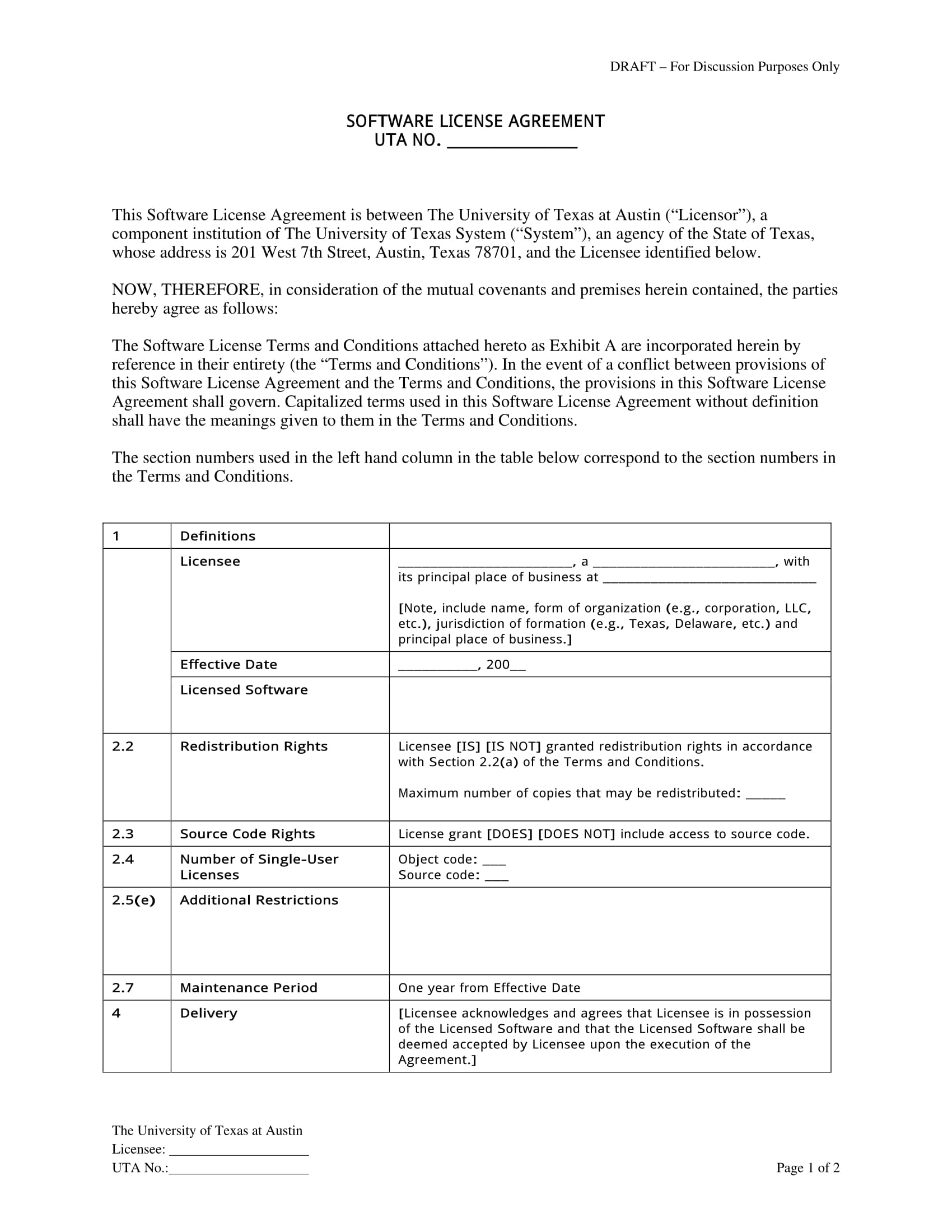 blank source code license agreement template 1