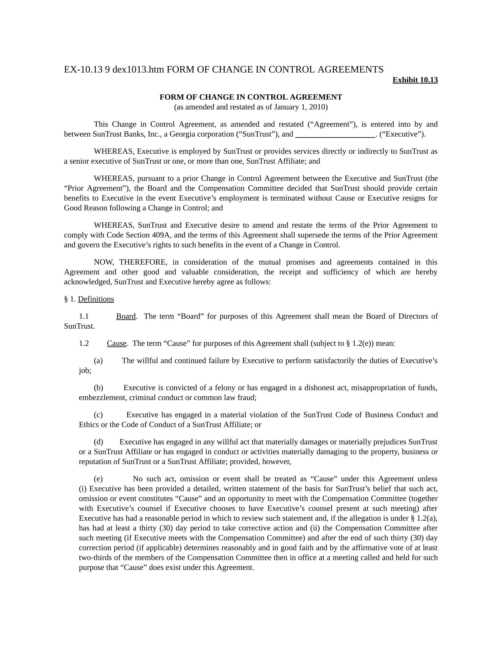 change in control agreement form 01