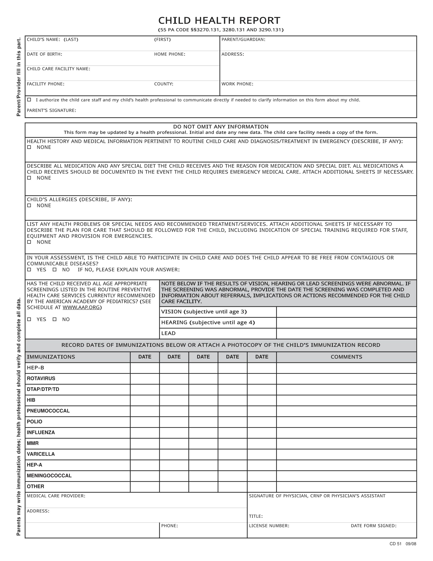 daycare child health report information form 1
