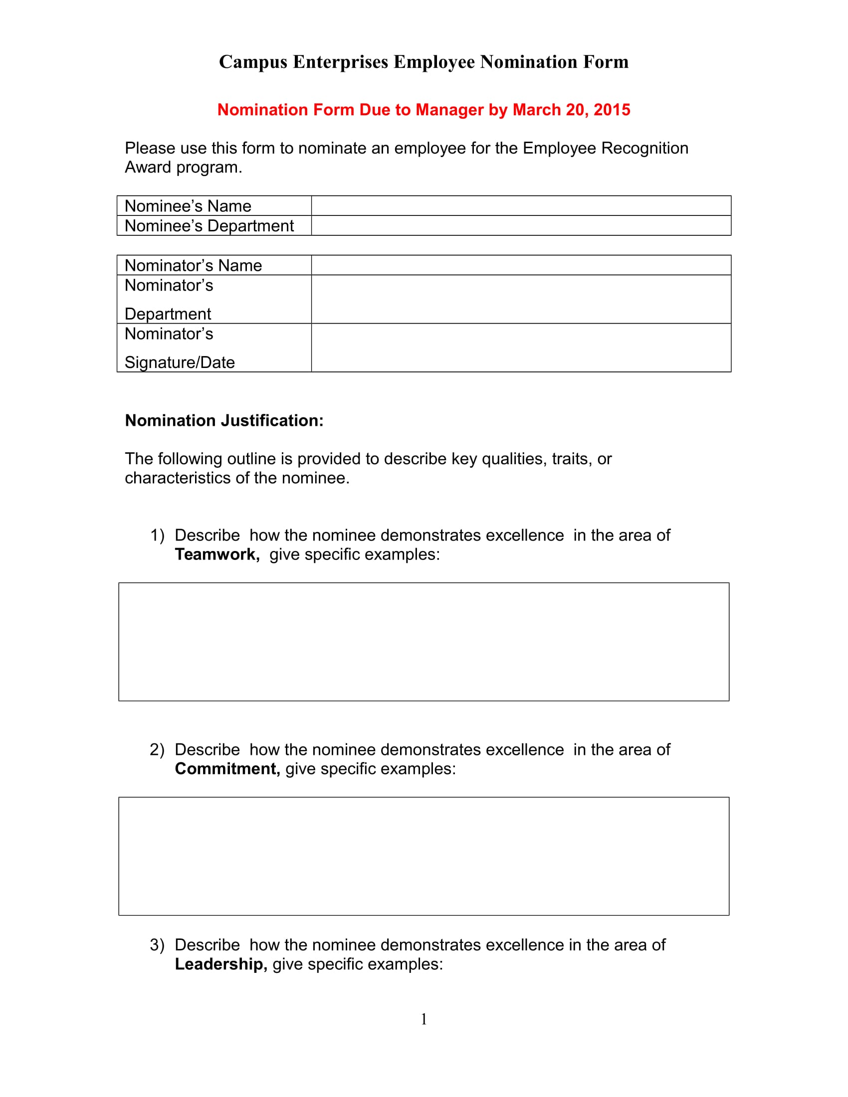 FREE 9+ Employee Nomination Form Samples, PDF, MS Word, Google Docs, Excel