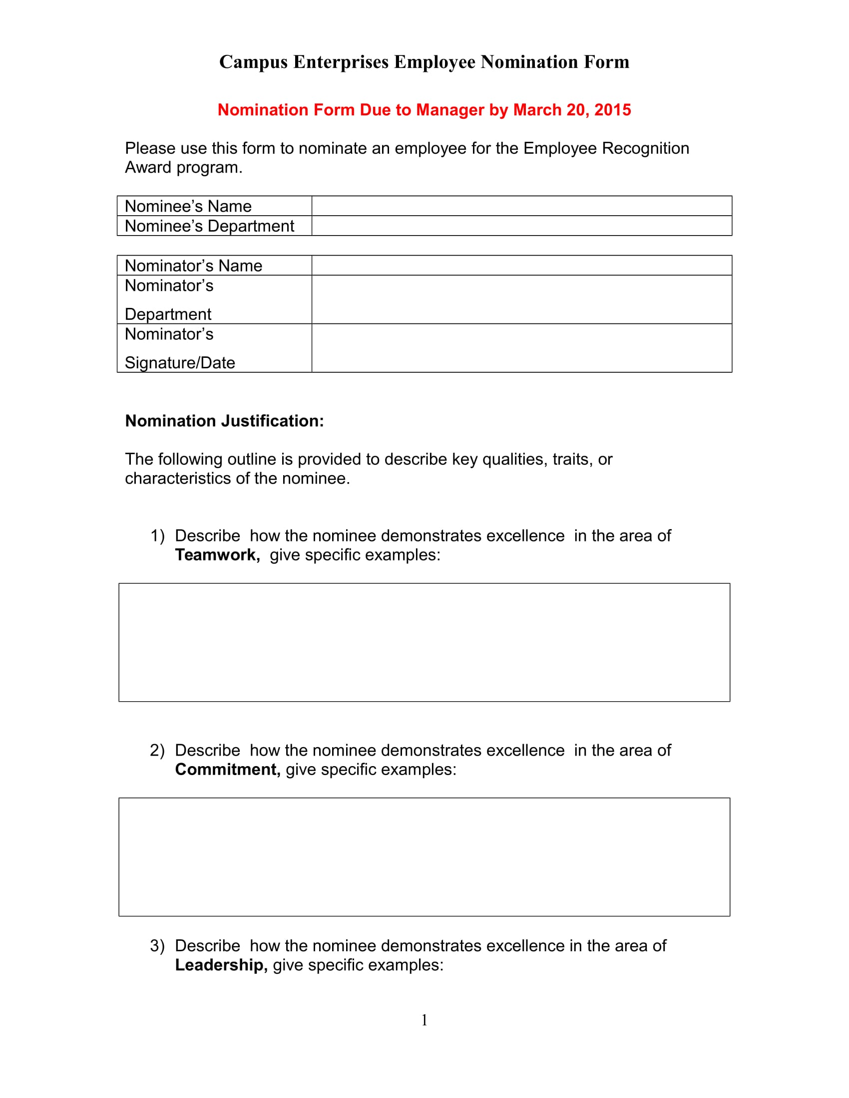FREE 5 Employee Nomination Forms In MS Word PDF Excel