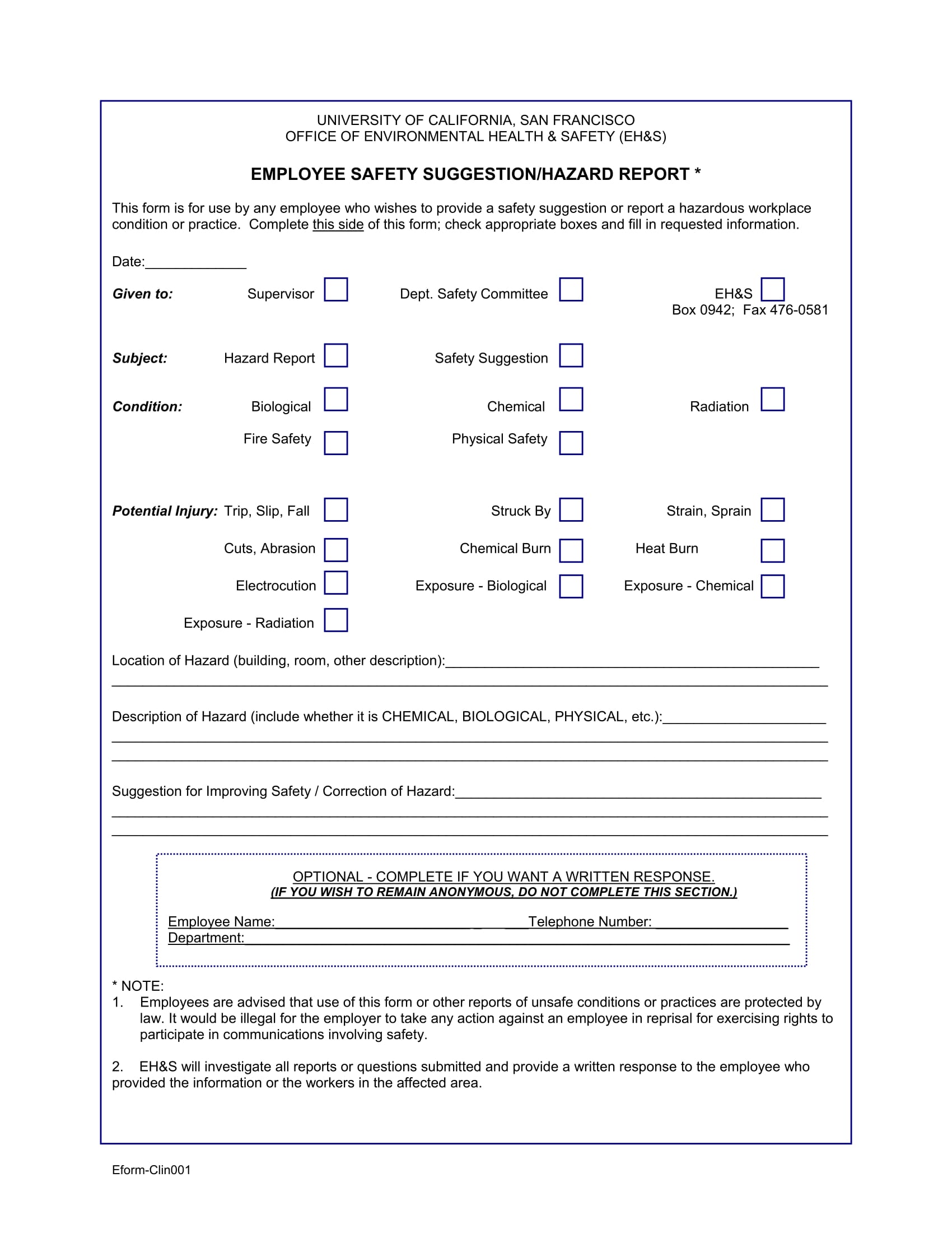 employee safety suggestion form 1