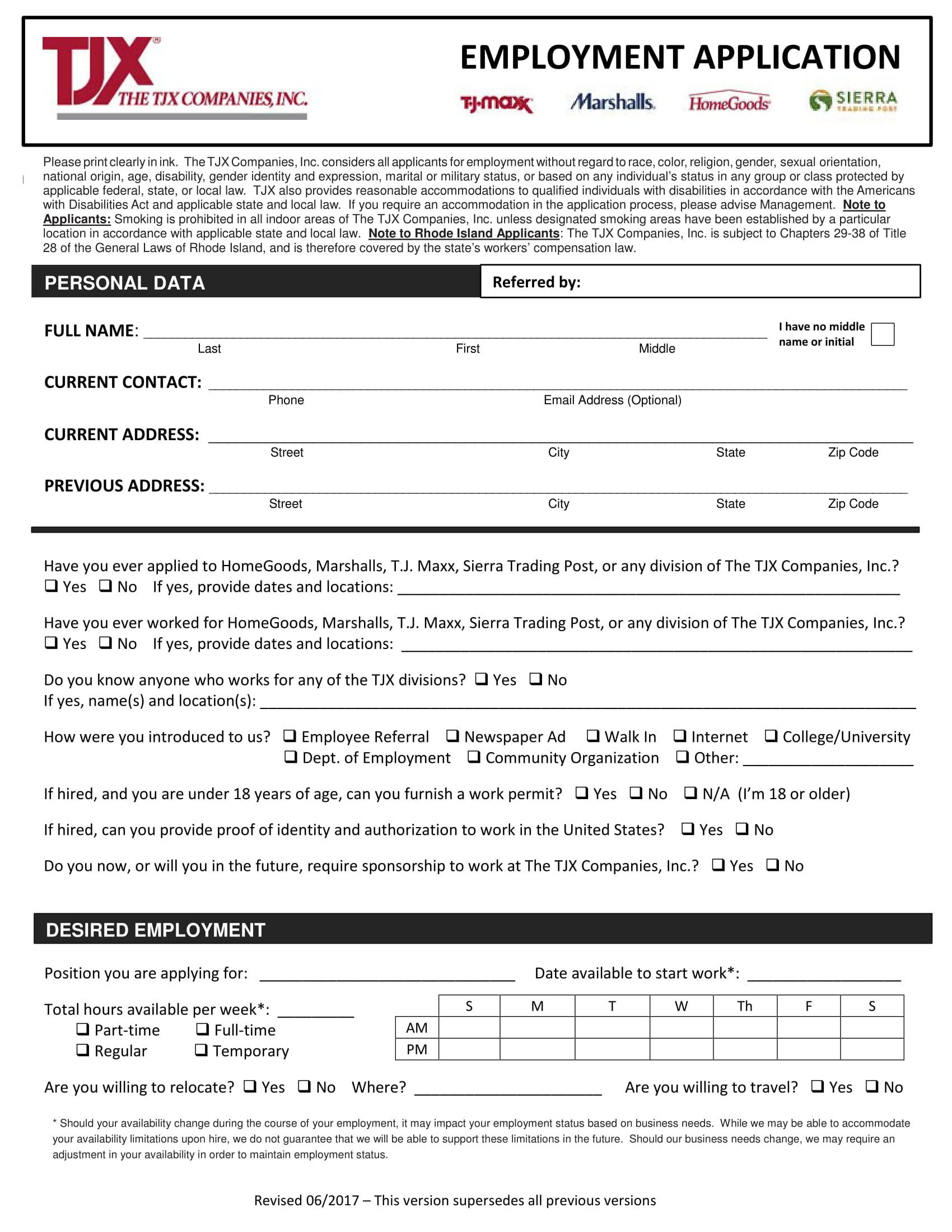 Employment Application Form PDF Fillable