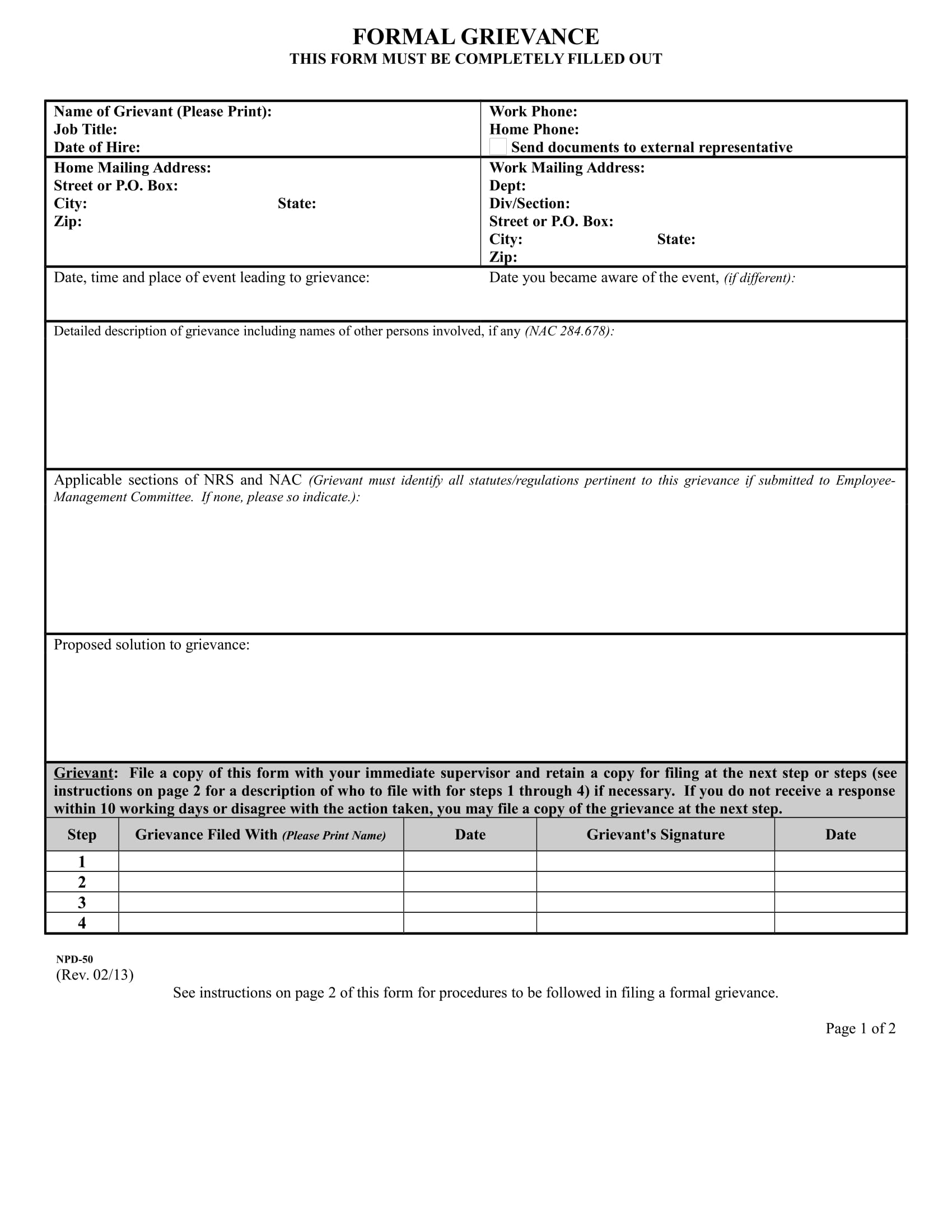 Grievance Form Template