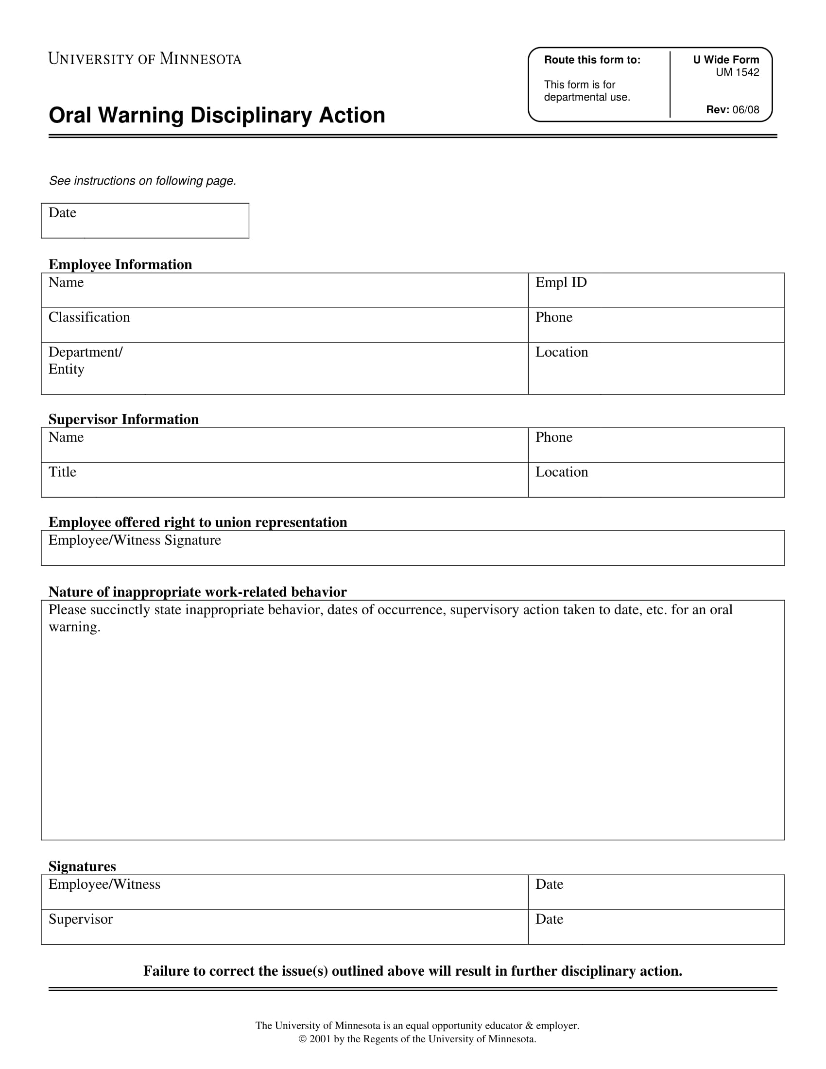 oral warning disciplinary action form 1