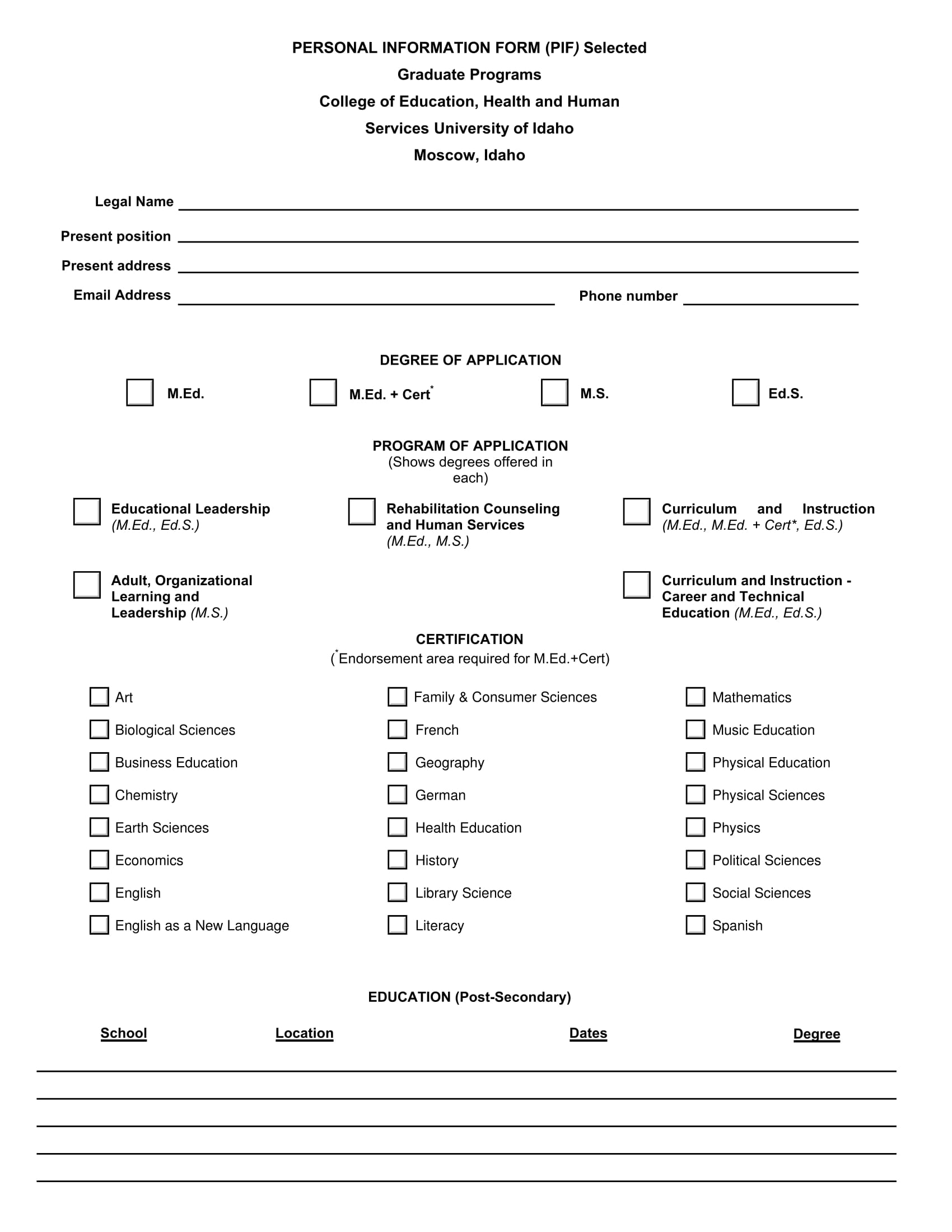 personal information form for education 1