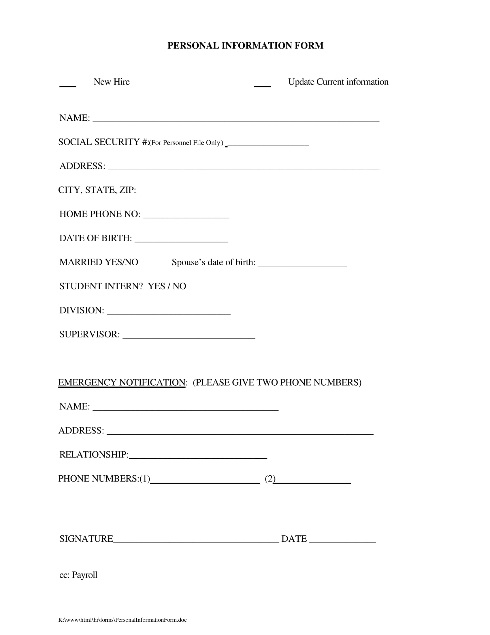 New Hire Information Form Template
