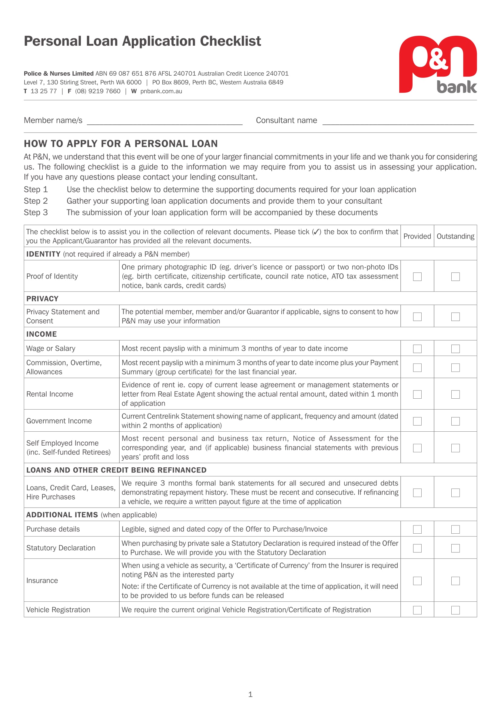 personal loan application checklist form 1