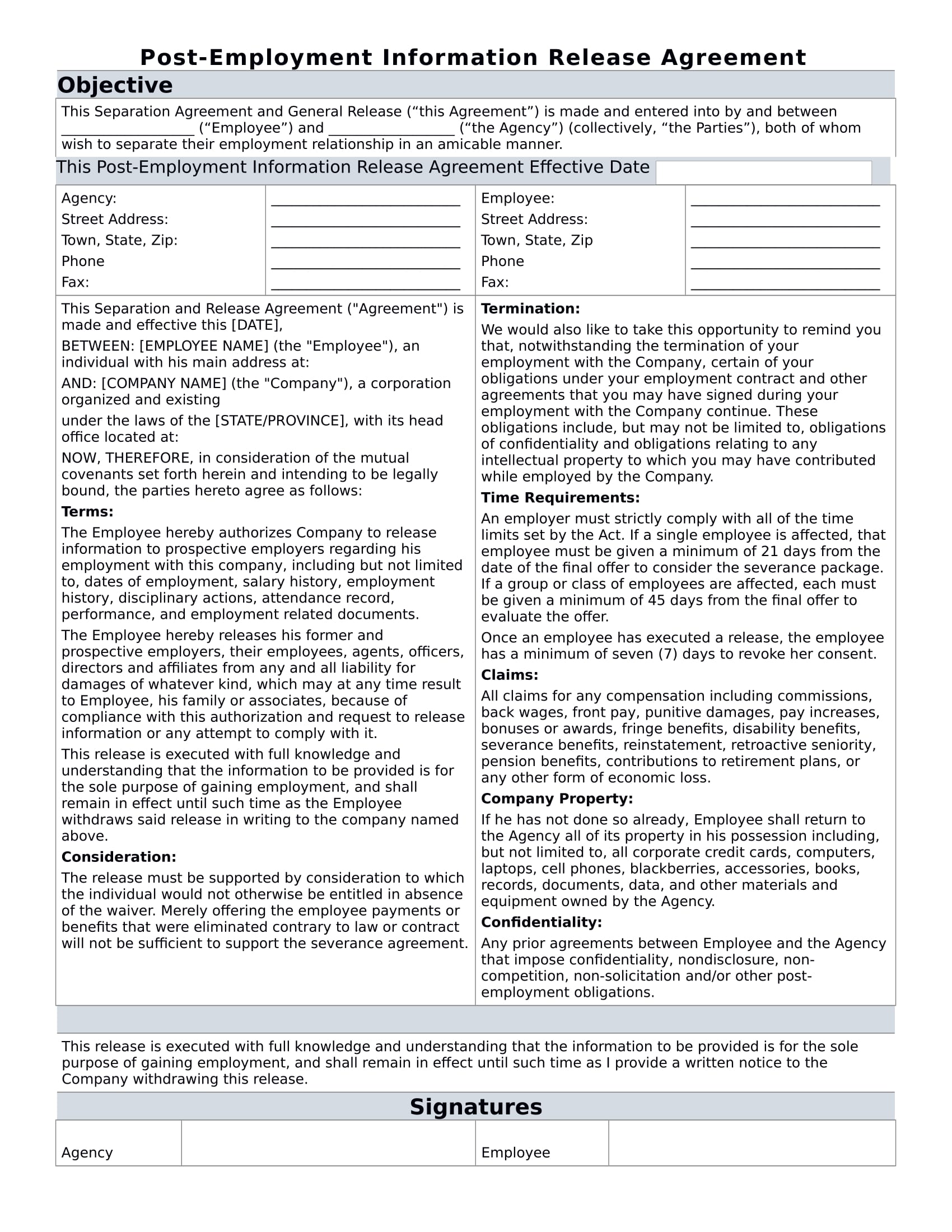 post employment information release agreement form 1