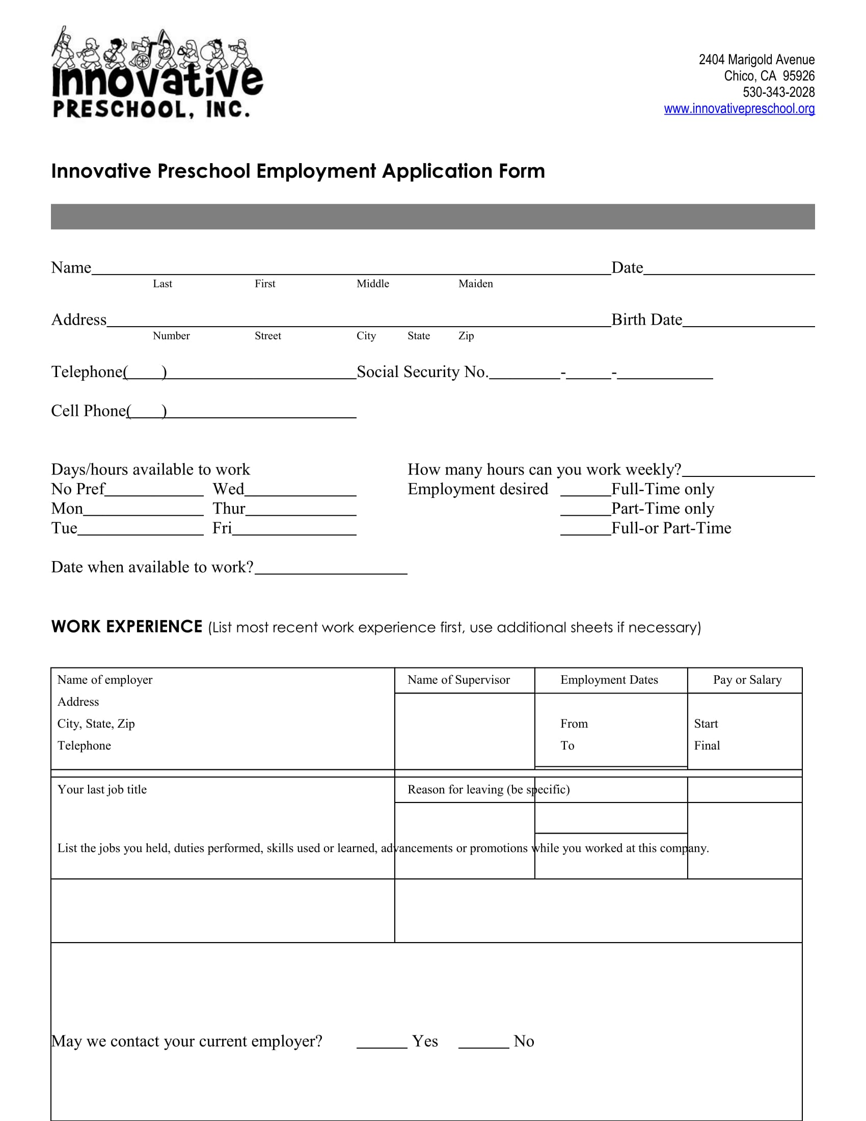 preschool employment application form 1