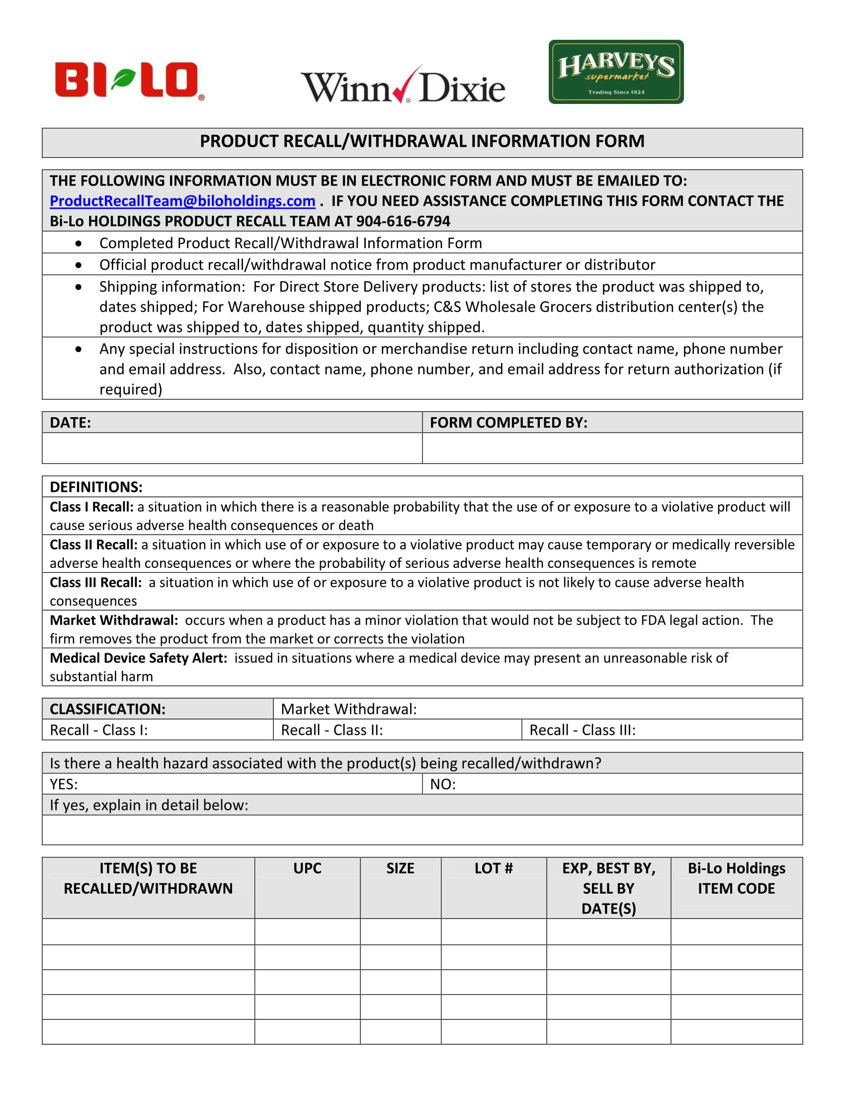 product withdrawal information form 1