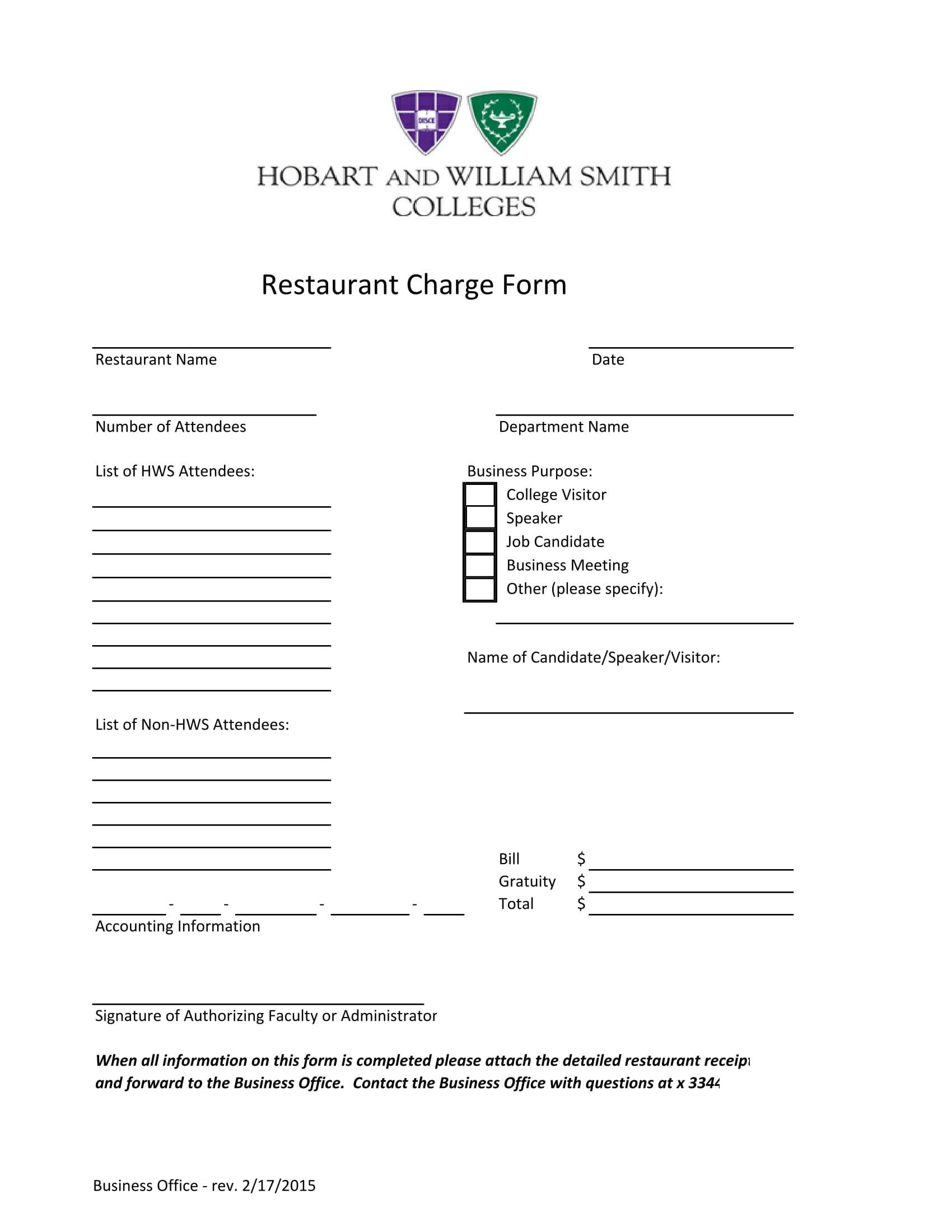 restaurant charge form sample 1