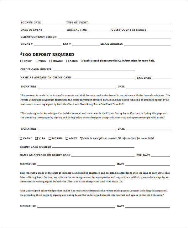 restaurant contract and deposit form